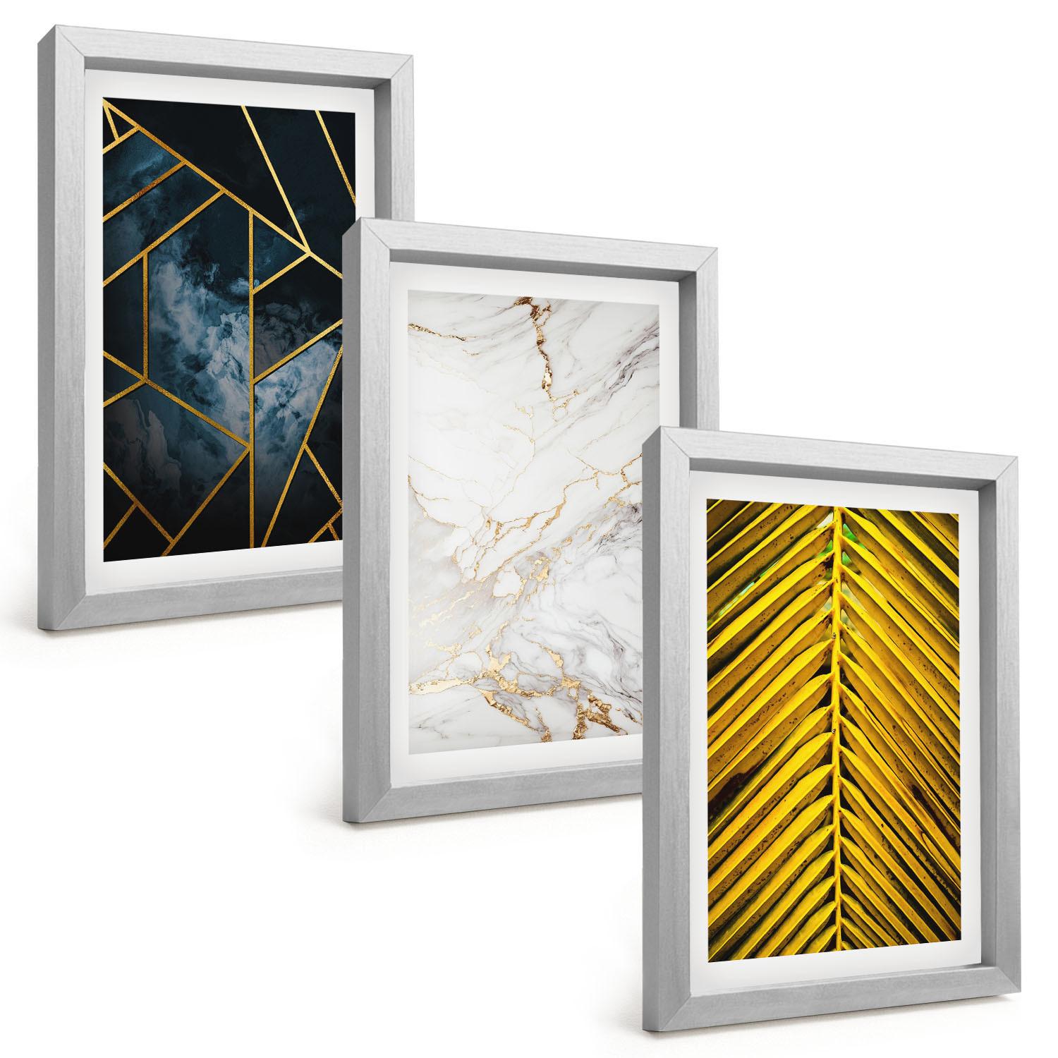 BILDER SET 3er Set - 20x30 cm Silberner Rahmen - Geometrische Muster und Vegetation - Silberfarben, Kunststoff (20/30cm) - TULUP