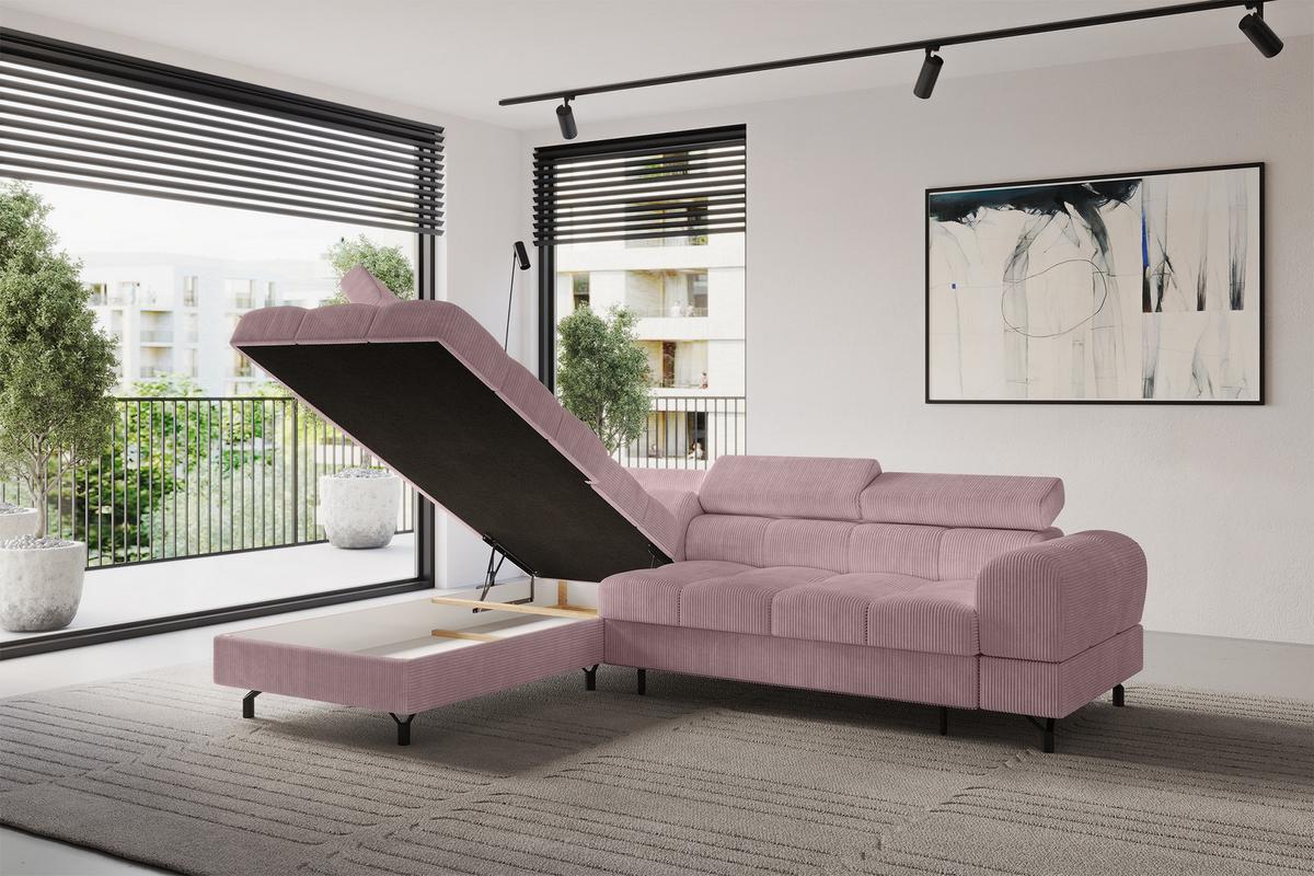 ECKSOFA mit Schlaffunktion Ottomane Links LUMA-L 272x203x70 Rosa Cord - Schwarz/Rosa, Holzwerkstoff/Kunststoff (272/203cm) - ALTDECOR