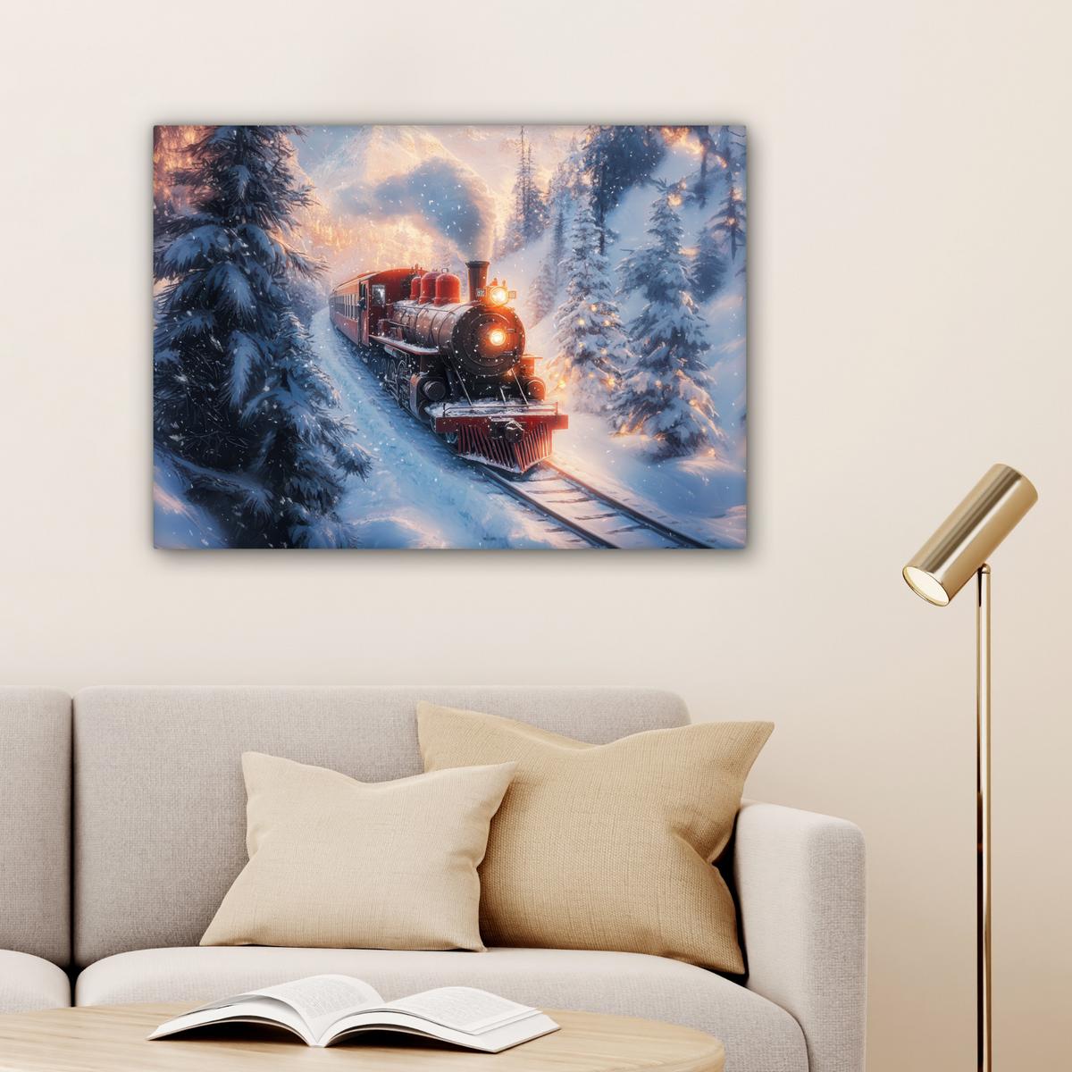 LEINWANDBILD Weihnachtszug - Schnee - Winter - Weihnachten Wandbilder 80x60 cm - Dunkelrot, Textil (80/60cm) - MuchoWow