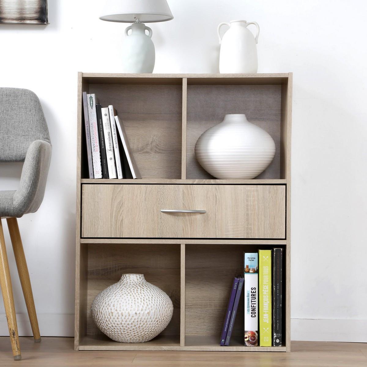 AUFBEWAHRUNGSREGAL 4 Fächer mit einer Schublade - Eschefarben, Holzwerkstoff (29.5/80/62cm) - Calicosy
