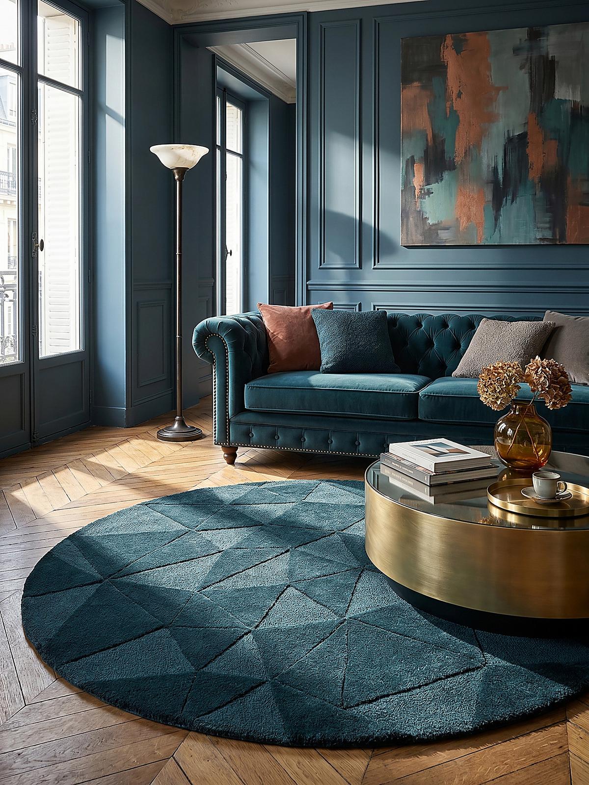 WOLLTEPPICH DEBEN, geometrisch, Petrol, Ø 160 cm - Blau, Textil (160/160cm) - KADIMA DESIGN