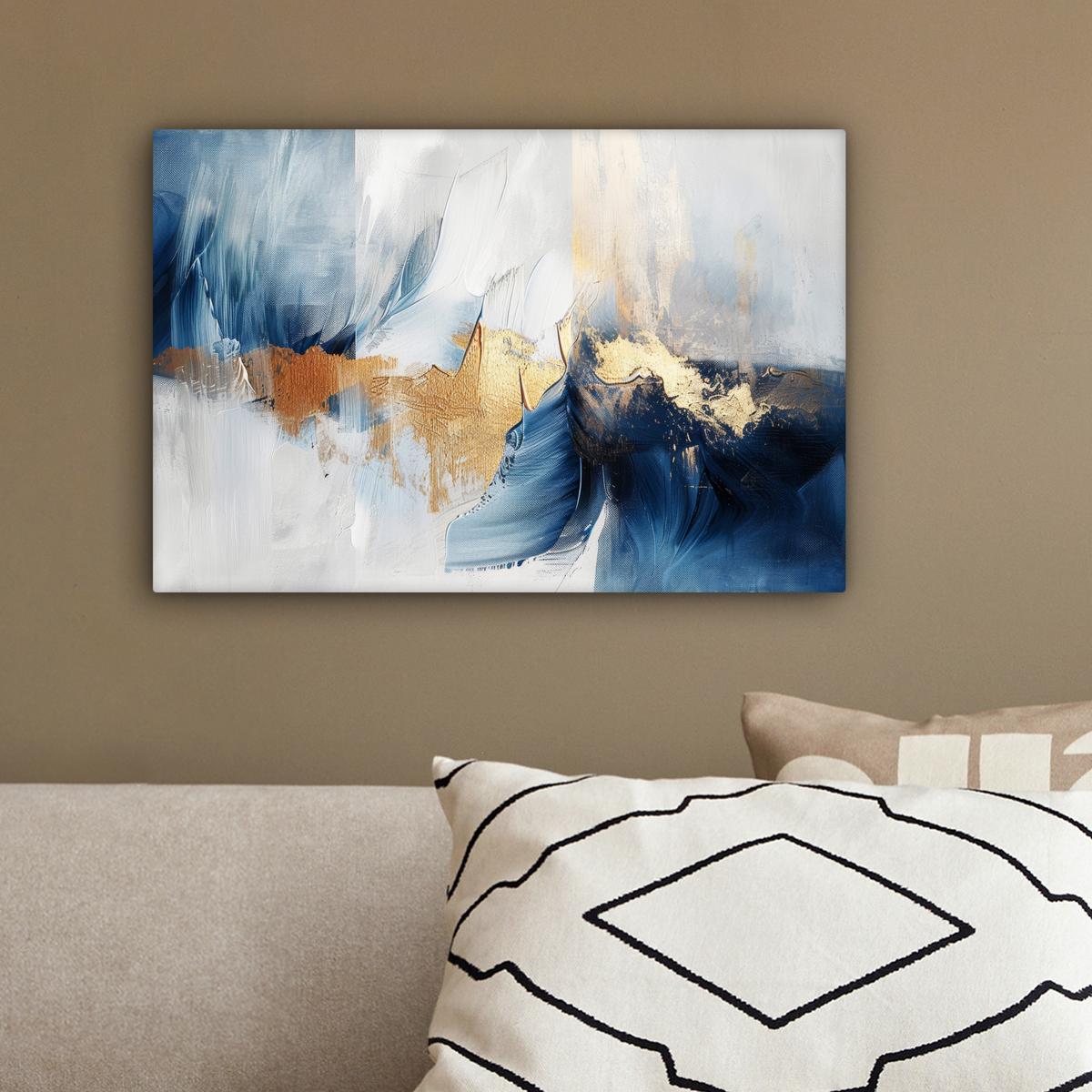 LEINWANDBILD Gold - Blau - Aquarell - Kunst - Modern Deko Schlafzimmer 30x20 cm - Hellblau, Textil (30/20cm) - MuchoWow
