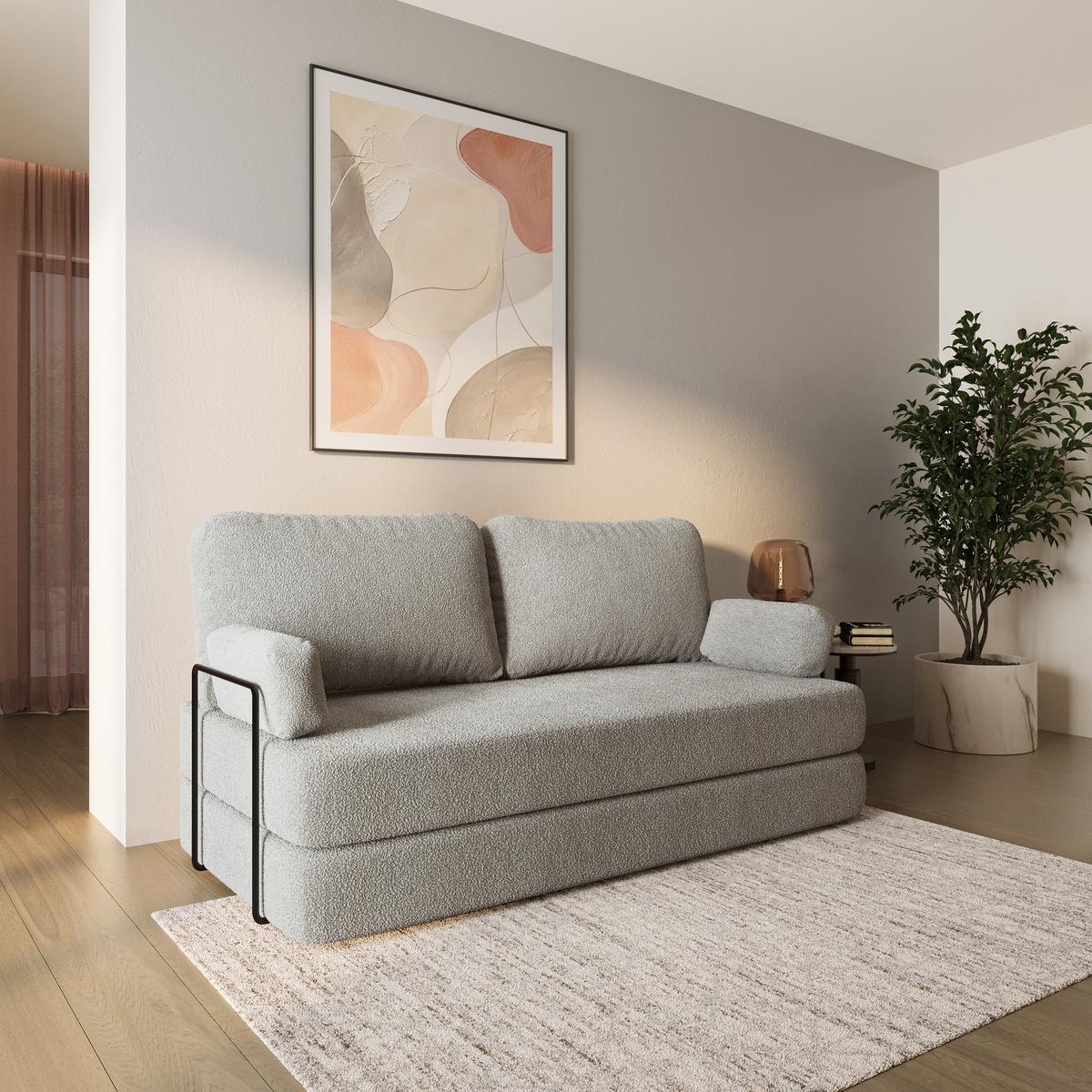 BETTSOFA NIKSI aus Schaumstoff Bucle-Stoff Hellgrau Schlaffunktion - Hellgrau, Textil (170/86/80cm) - MASSENO