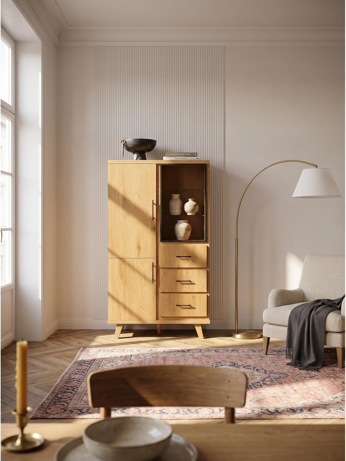 HIGHBOARD BASSANO, MDF, in Eichenoptik, mit Stauraum, 100 x 40 x 188 cm - Hellbraun/Braun, Eichenholz/Holzwerkstoff (100/188/40cm) - KADIMA DESIGN