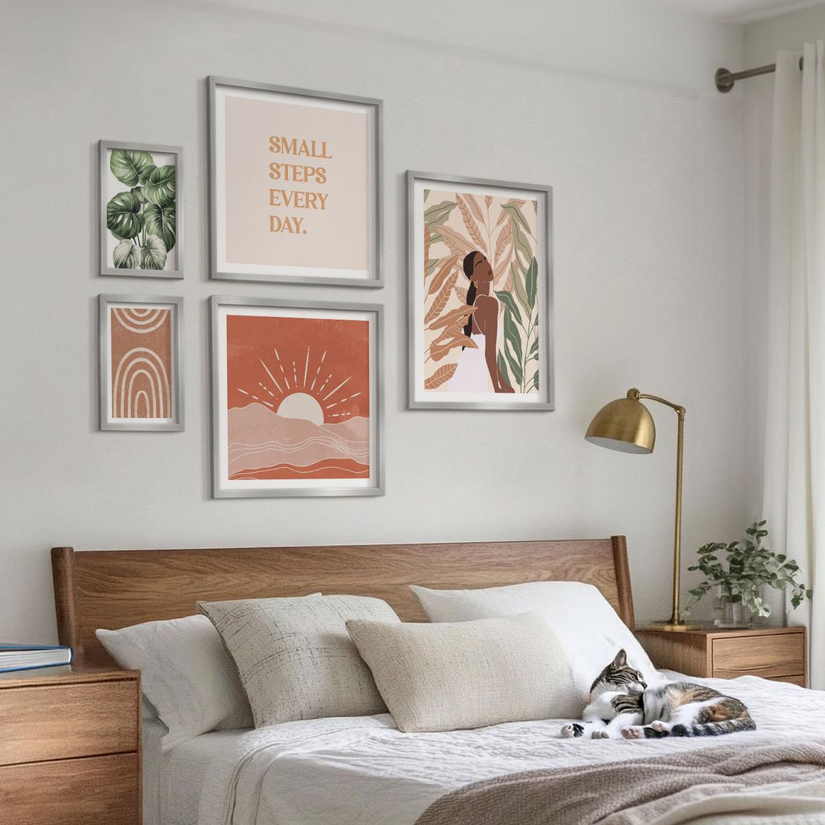 BILDER SET 5er Set - 50x50 cm & 20x30 cm & 40x60 cm Silberner Rahmen - abstrakte Formen im Boho-Stil - Silberfarben, Kunststoff (40/60cm) - TULUP