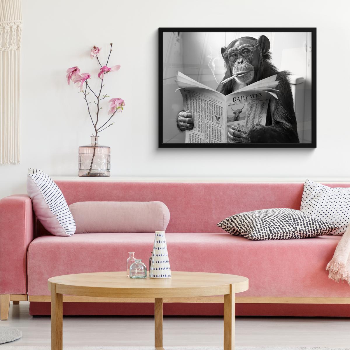 POSTER MIT RAHMENGERAHMTES BILD Affe - WC - Zeitung - Schwarz-Weiß - Humor 80x60 cm - Hellgrau, Papier (80/60cm) - MuchoWow