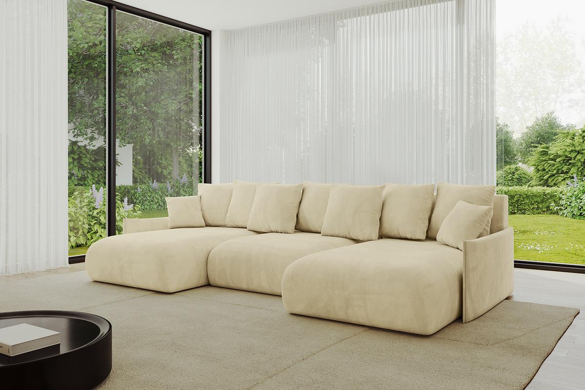 WOHNLANDSCHAFT mit Schlaffunktion und Bettkasten ONESK-U-v1 317x177x72 Beige Velours - Taupe, Holzwerkstoff/Kunststoff (317/72/177cm) - ALTDECOR