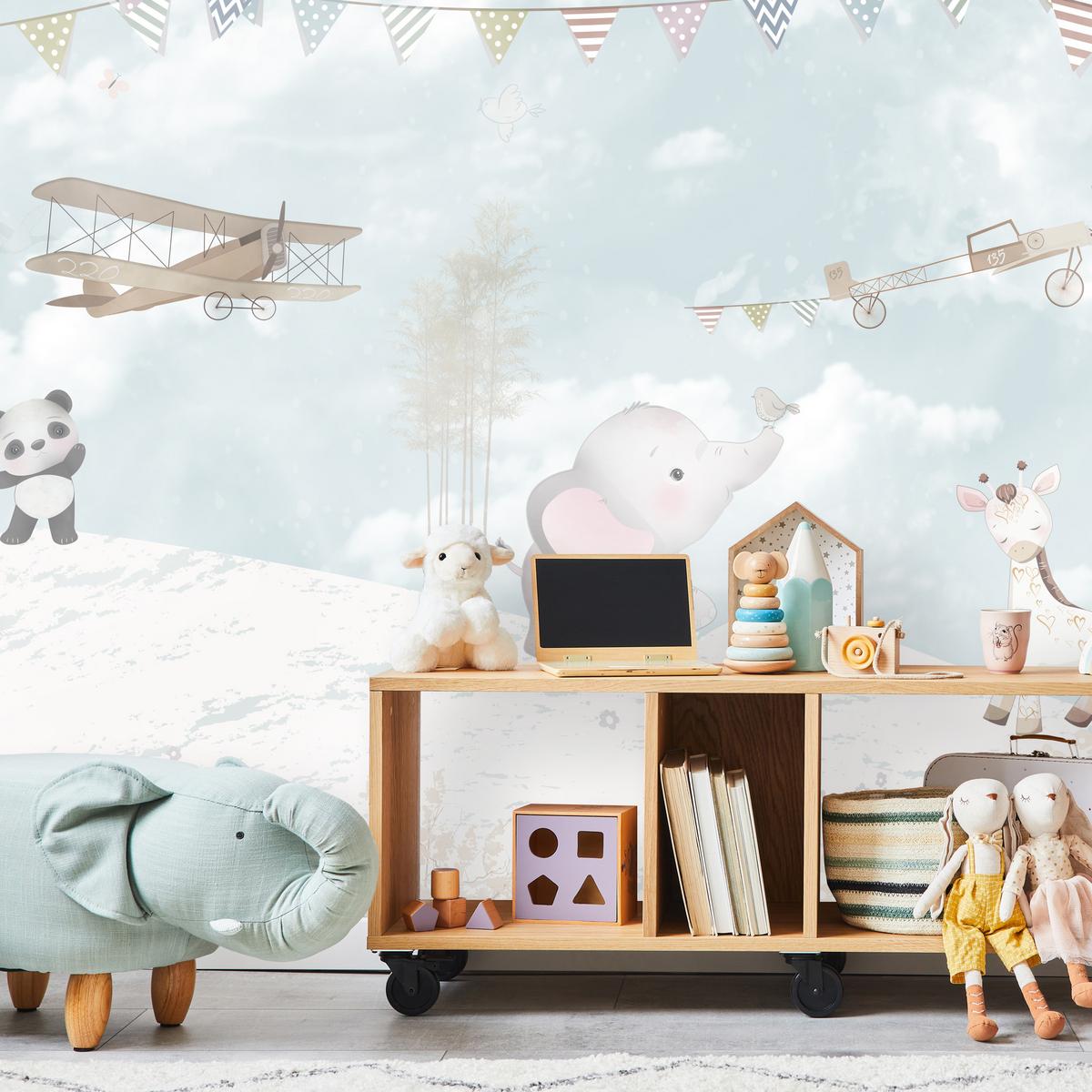 FOTOTAPETE für Kinderzimmer Boho Elefant Panda Giraffe Pflanze Flugzeug 200x140 - Multicolor, Papier (200/140cm) - Muralo