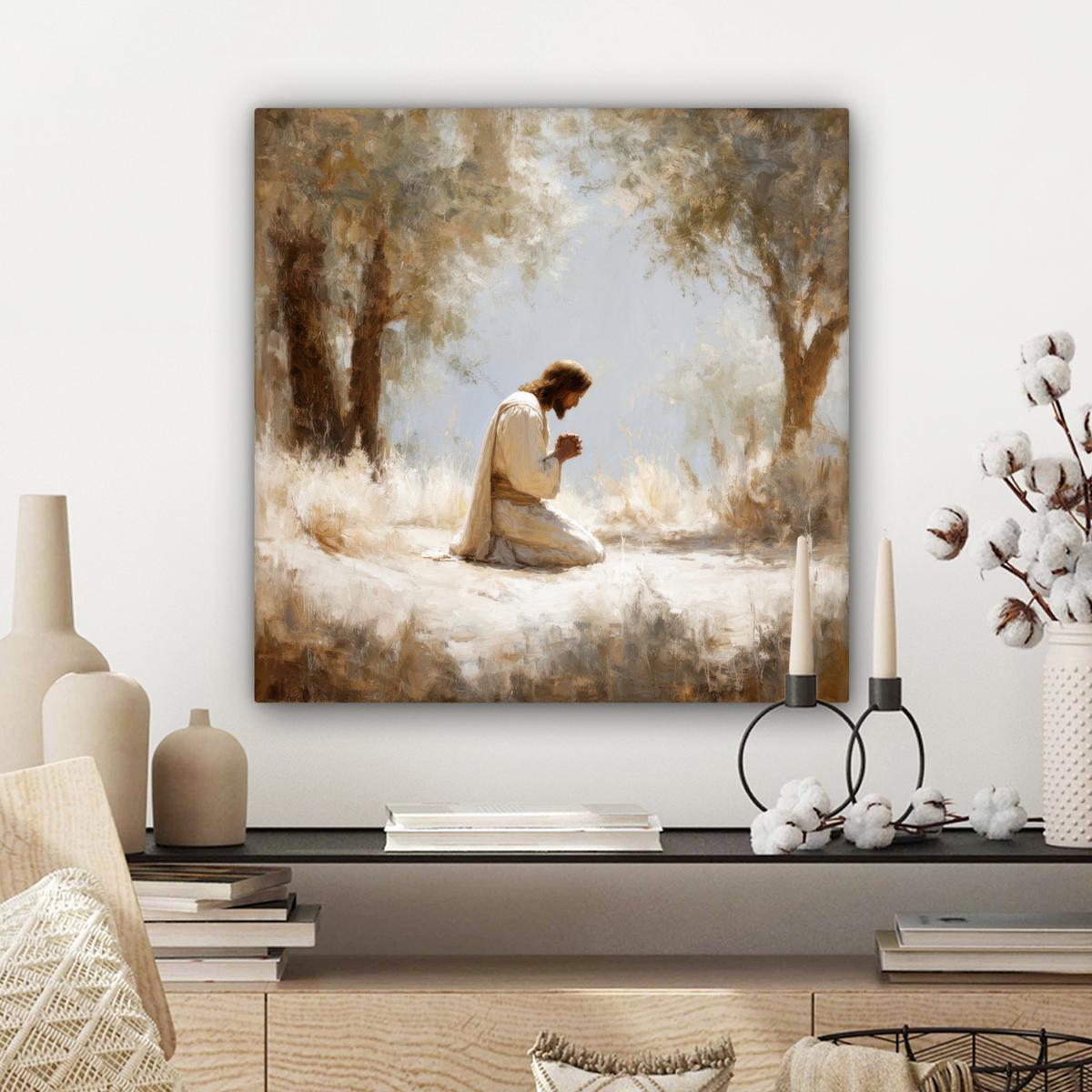 LEINWANDBILD Jesus - Kniend - Waldlandschaft - Betend Wandbild Wohnzimmer 50x50 cm - Beige/Hellblau, Textil (50/50cm) - MuchoWow
