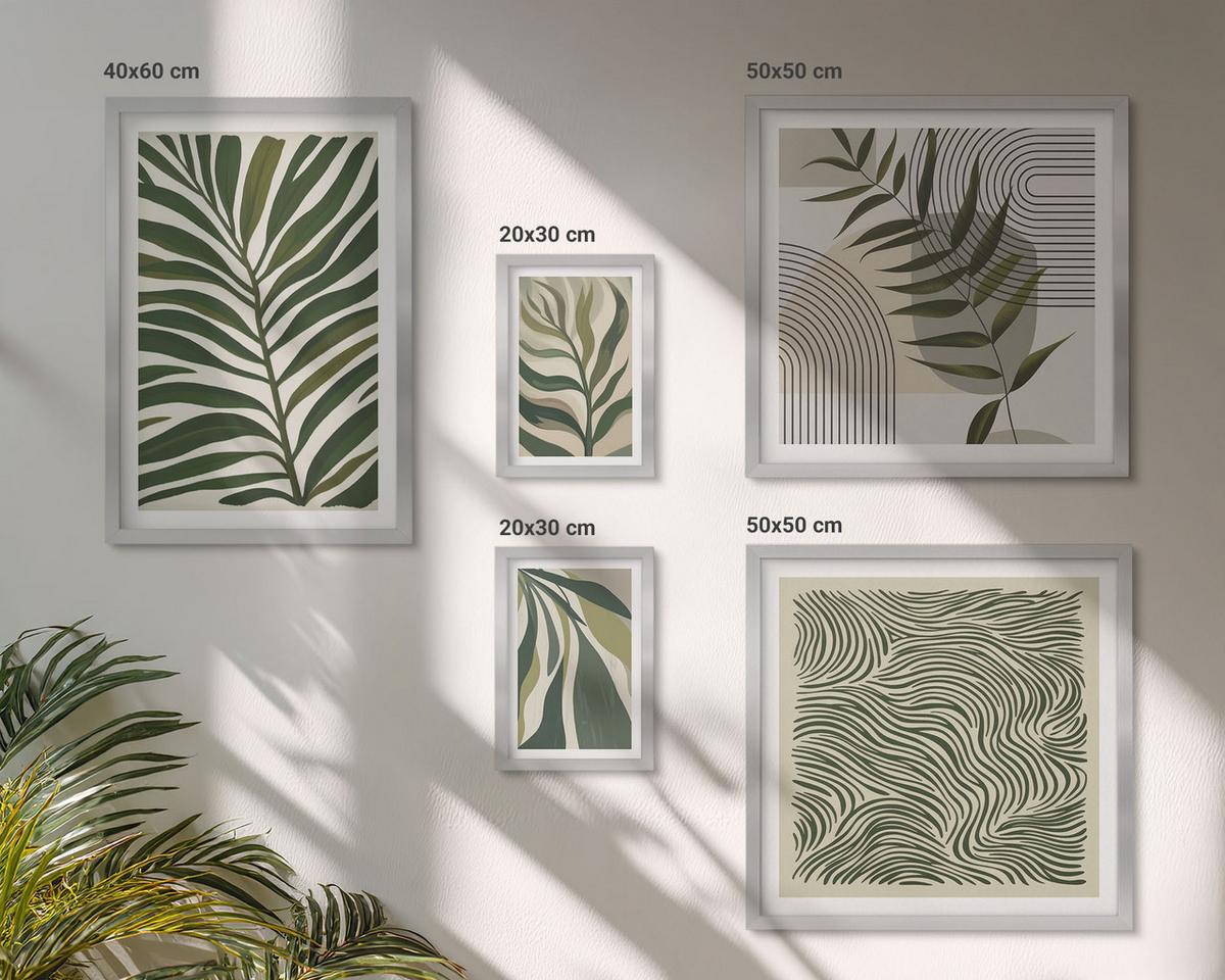BILDER SET 5er Set - 50x50 cm & 20x30 cm & 40x60 cm Silberner Rahmen - Blätter, Wellen – Pastellillustrationen - Silberfarben, Kunststoff (40/60cm) - TULUP