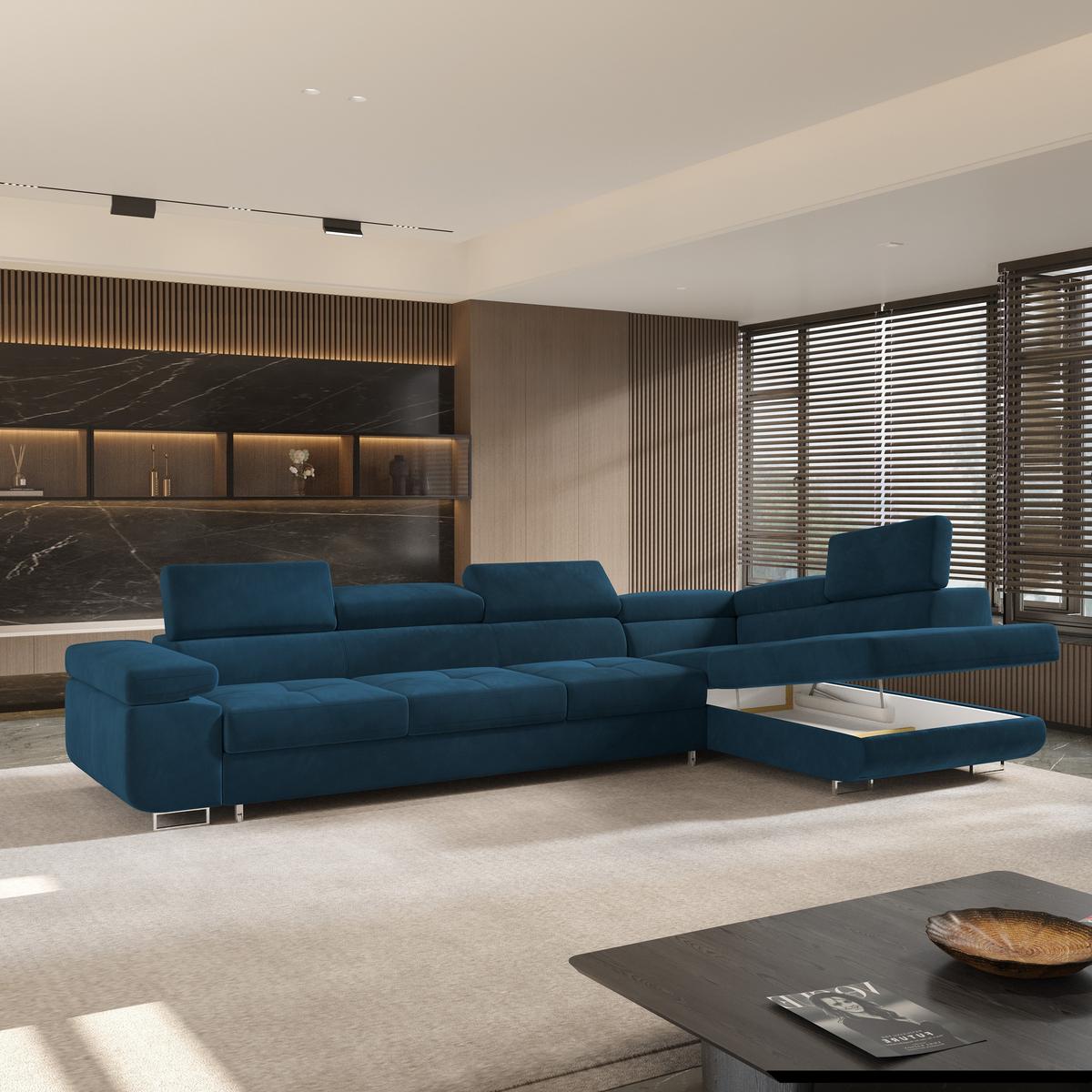 ECKSOFA VICENTE Blau Velours-Stoff mit Schlaffunktion - Blau, Holz (346/202cm) - MASSENO