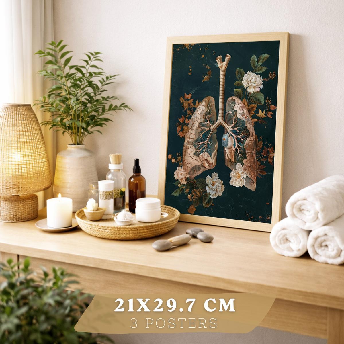 POSTER Set aus 3 Anatomie Mensch Drucke und Wandbilder mit Herz Atmungssystem und Skelett Botanischer Stil Wanddekoration Größe Leichter Holzrahmen A4 - Beige, Papier (21/29.7/3cm) - Nacnic