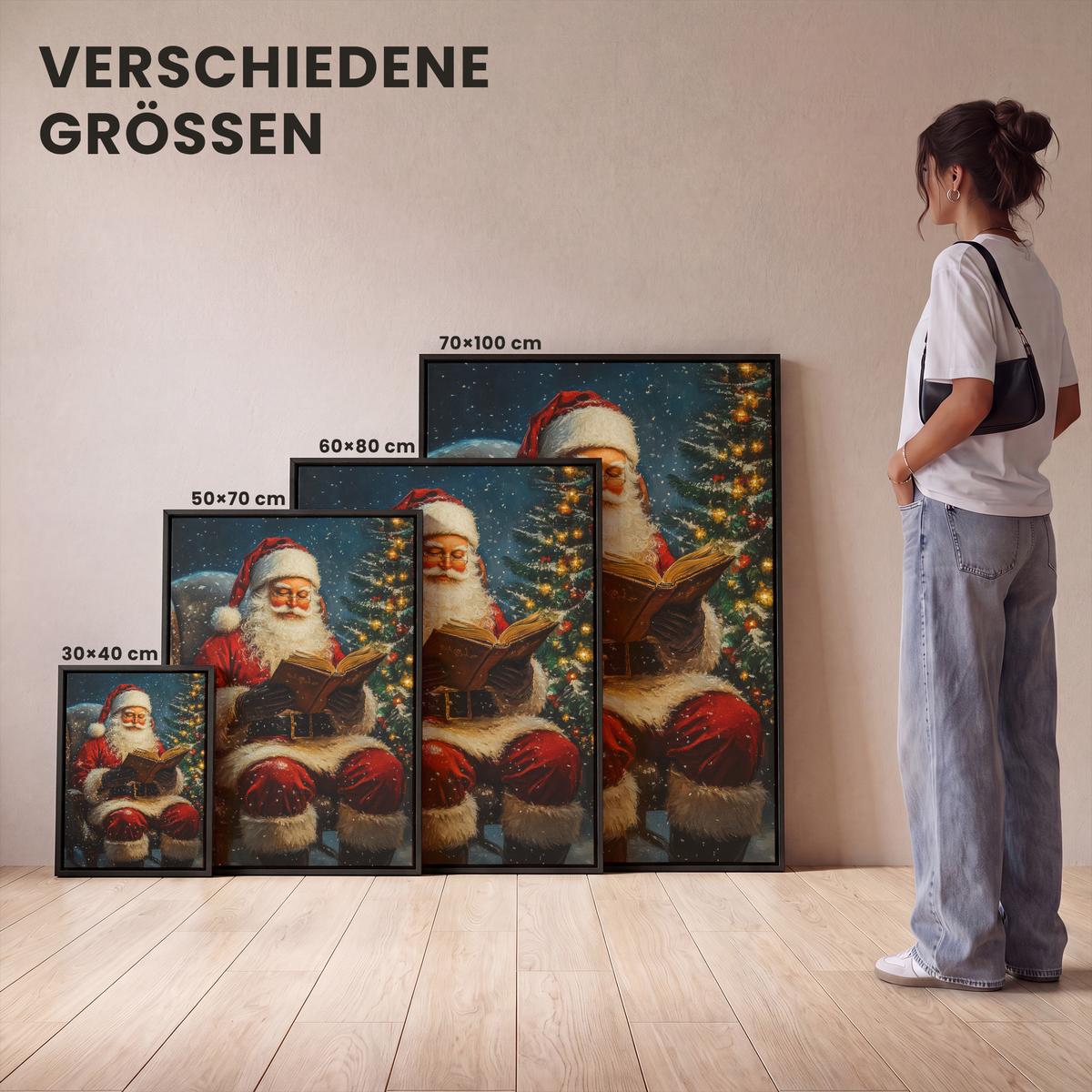 LEINWAND Bilder mit Rahmen - Weihnachtsmann - Weihnachten - Winter - Weihnachtsbaum - 50x70 - Bordeaux, Textil (50/70cm) - MuchoWow