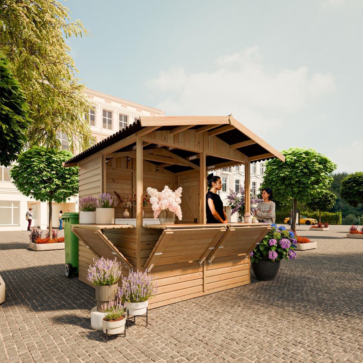 VERKAUFSSTAND aus Holz 4 m², zerlegbarer Marktstand mit 4 Verkaufsfenstern für Märkte, Messen und Events - Naturfarben, Holz (253/232/263cm) - Timbela