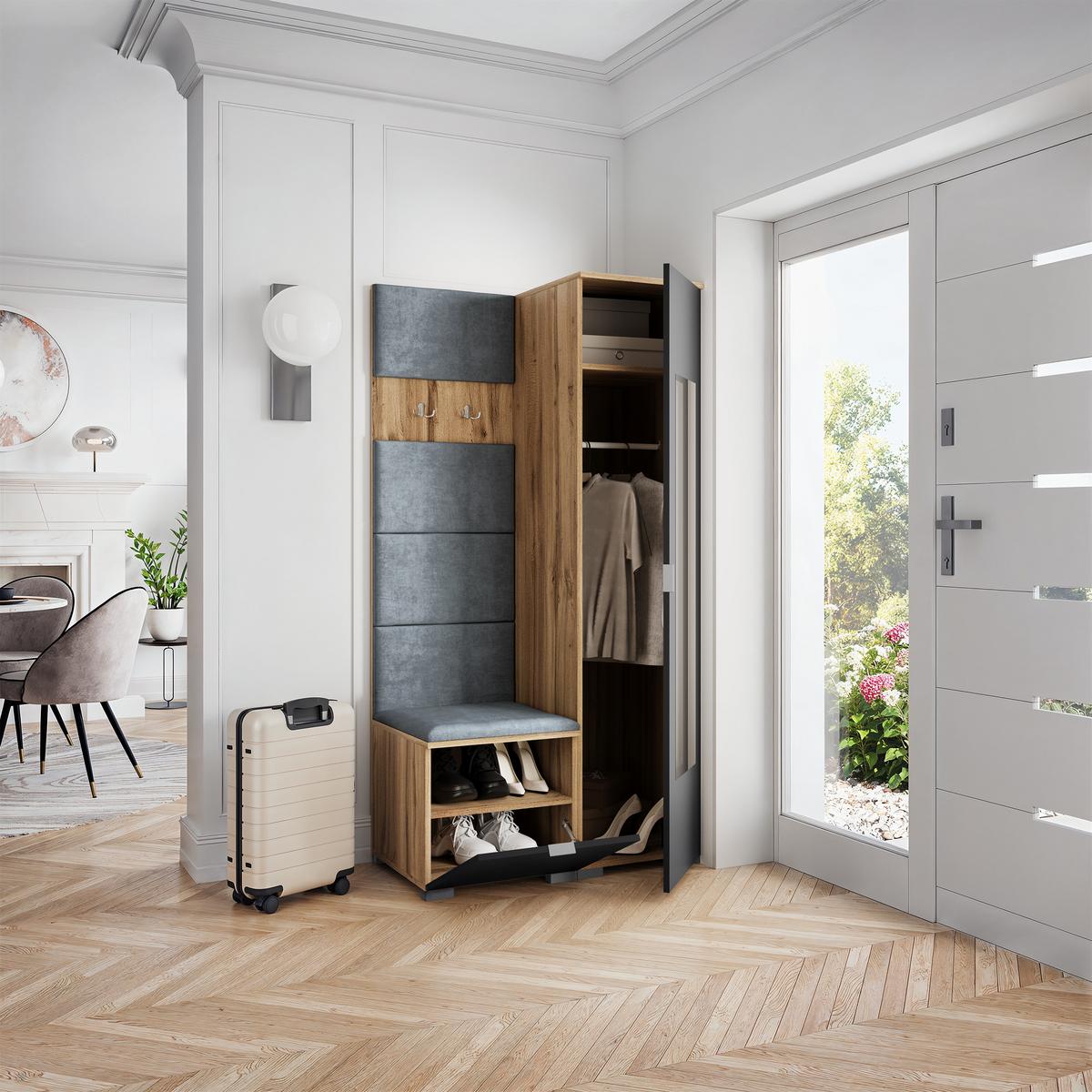 GARDEROBENSCHRANK VIRA 95/181/51 cm Modern Garderobe-Set Eiche Wotan - Eiche Wotan/Schwarz, Holzwerkstoff (95/181/51cm) - MASSENO