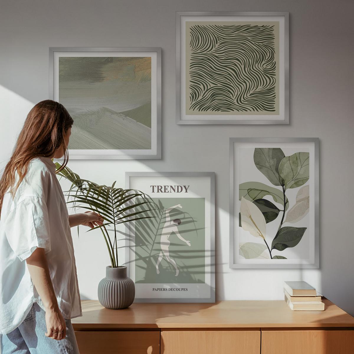 BILDER SET 4er Set - 50x50 cm & 40x60 cm Silberner Rahmen - Abstrakte Pflanzenmuster - Silberfarben, Kunststoff (50/50cm) - TULUP