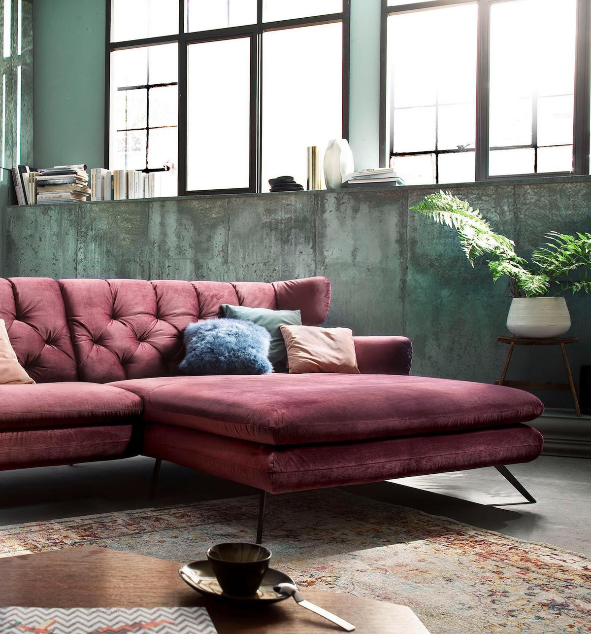 ECKSOFA CHARME Pink Velvet - Pink/Schwarz, Textil (300/175cm) - KAWOLA