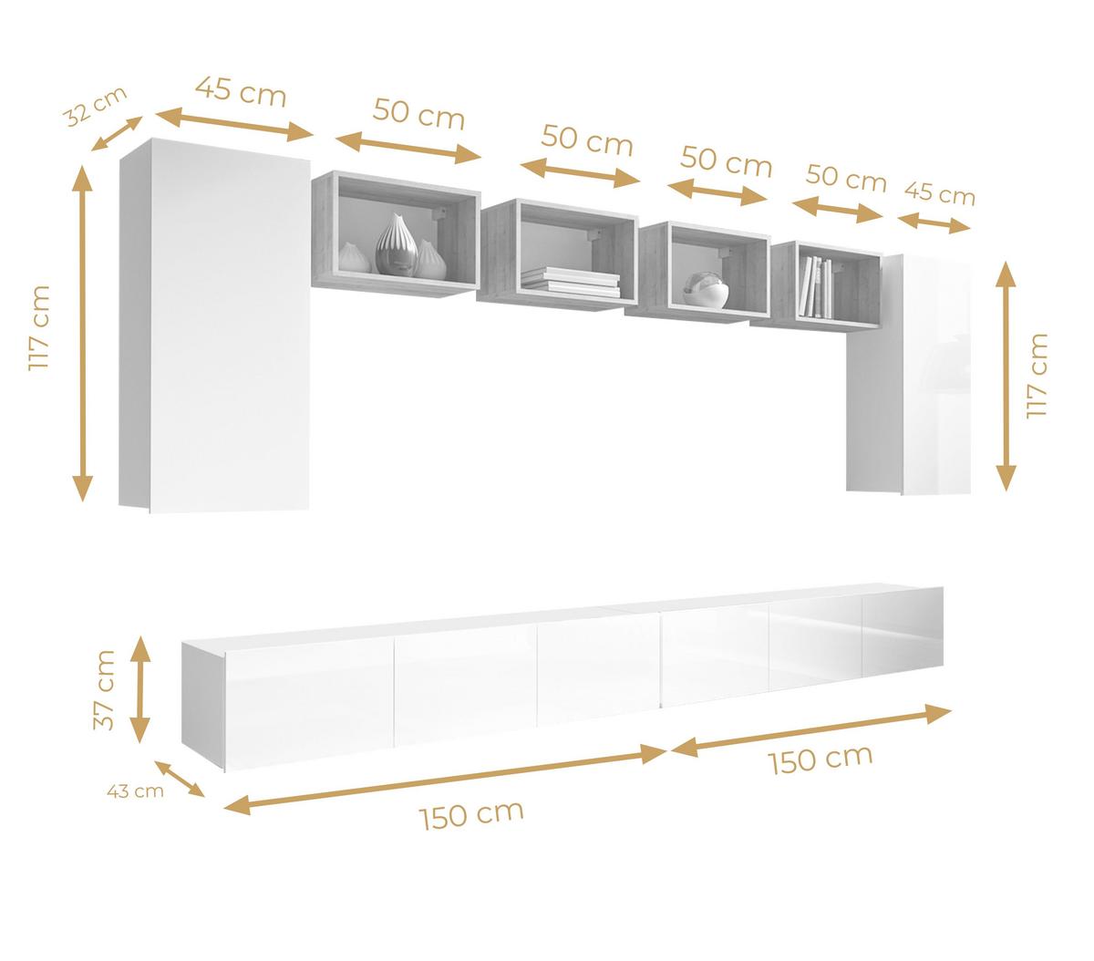 WOHNWAND Kossana 35 Modern Goldene Eiche/Schwarz 300/154/43 cm Wohnwand Set - Schwarz, Holzwerkstoff/Kunststoff (300/158/43cm) - AX Living