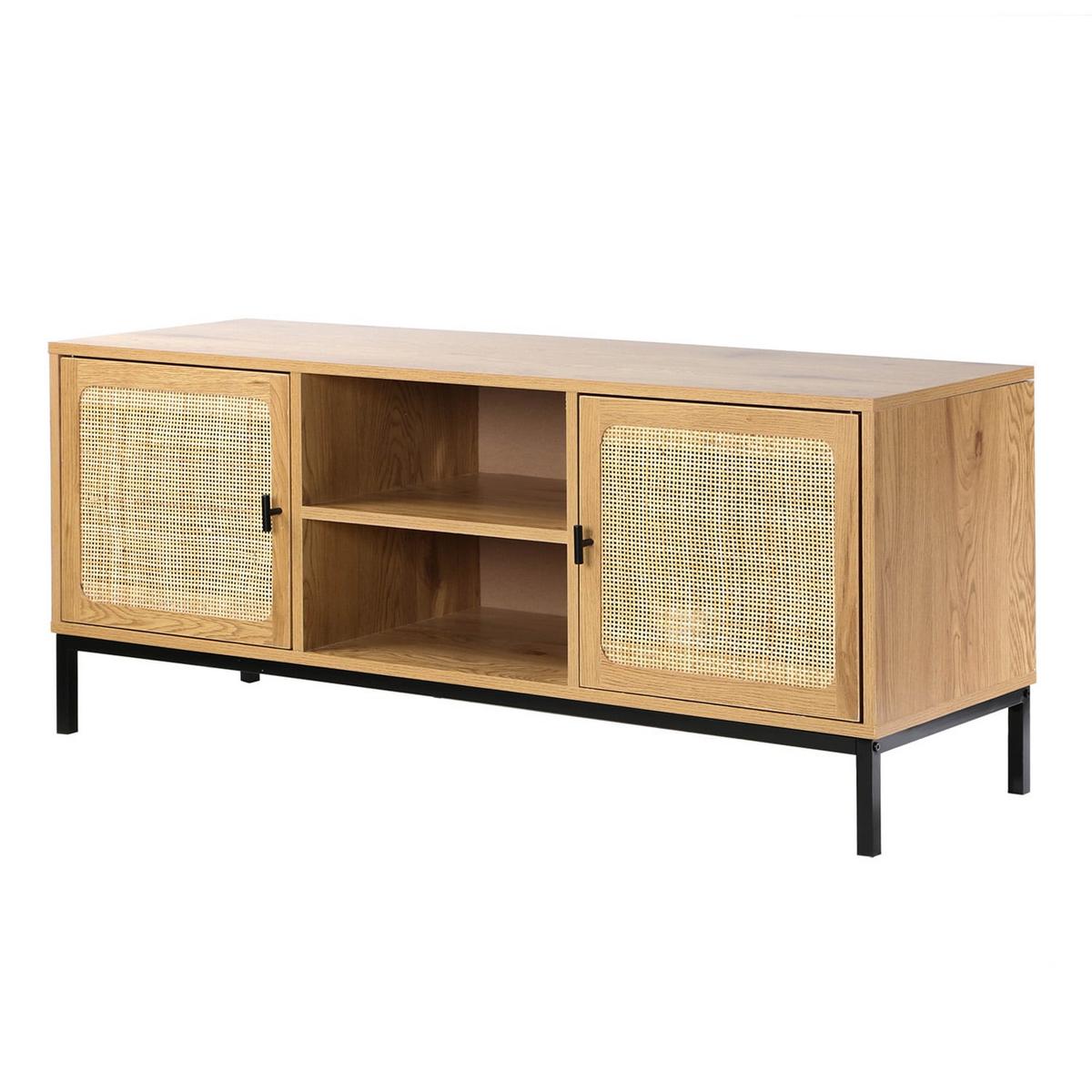 TV-MÖBEL mit 2 Türen, Rattangeflecht und 2 Ablagen - L120cm - Eschefarben, Holzwerkstoff (39/51/45cm) - Calicosy