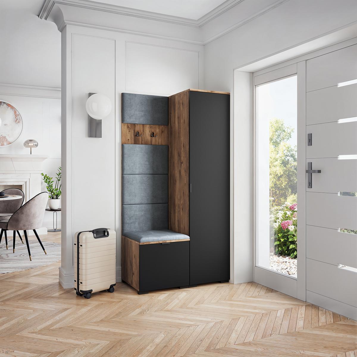 GARDEROBENSCHRANK LORI 95/181/51 cm Modern Garderobe-Set Eiche Lefkas - Eichefarben/Schwarz, Holzwerkstoff (95/181/51cm) - MASSENO