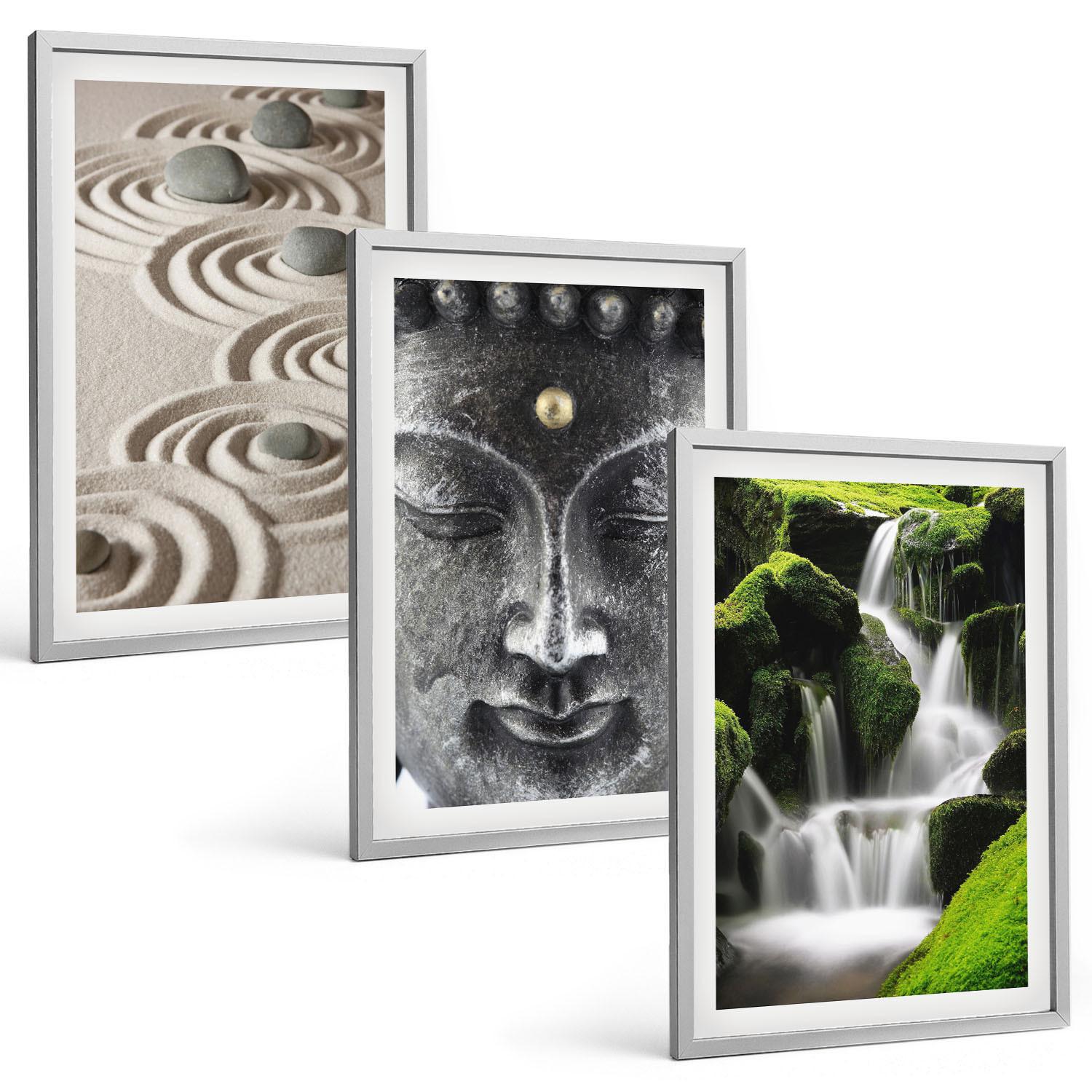 BILDER SET 3er Set - 40x60 cm Silberner Rahmen - Der Frieden der Steine des Buda Zen-Wasserfalls - Silberfarben, Kunststoff (40/60cm) - TULUP