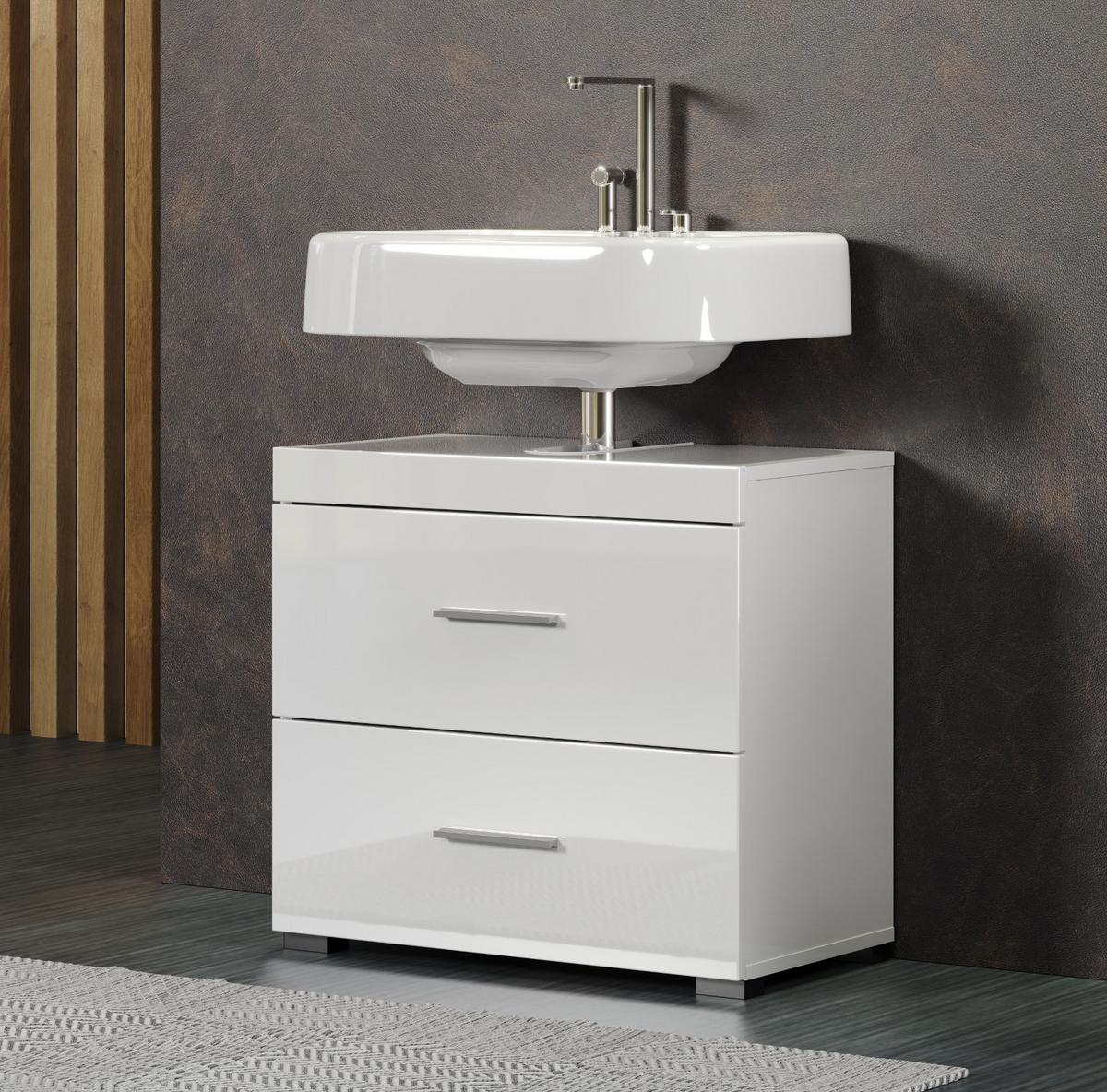WASCHBECKENUNTERSCHRANK weiß Hochglanz 60 cm, Badschrank mit Schubladen - Weiß Hochglanz/Alufarben, Holzwerkstoff/Kunststoff (60/56/34cm) - Top.Furn