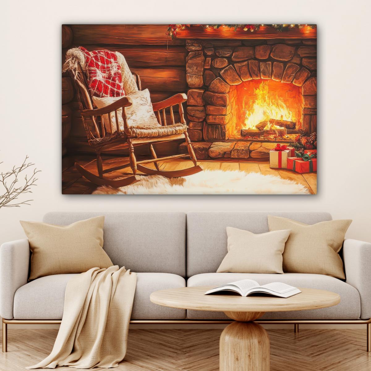 LEINWANDBILD Winter - Weihnachten - Zuhause - Kamin Wohnzimmer Groß 120x80 cm - Bernsteinfarben, Textil (120/80cm) - MuchoWow