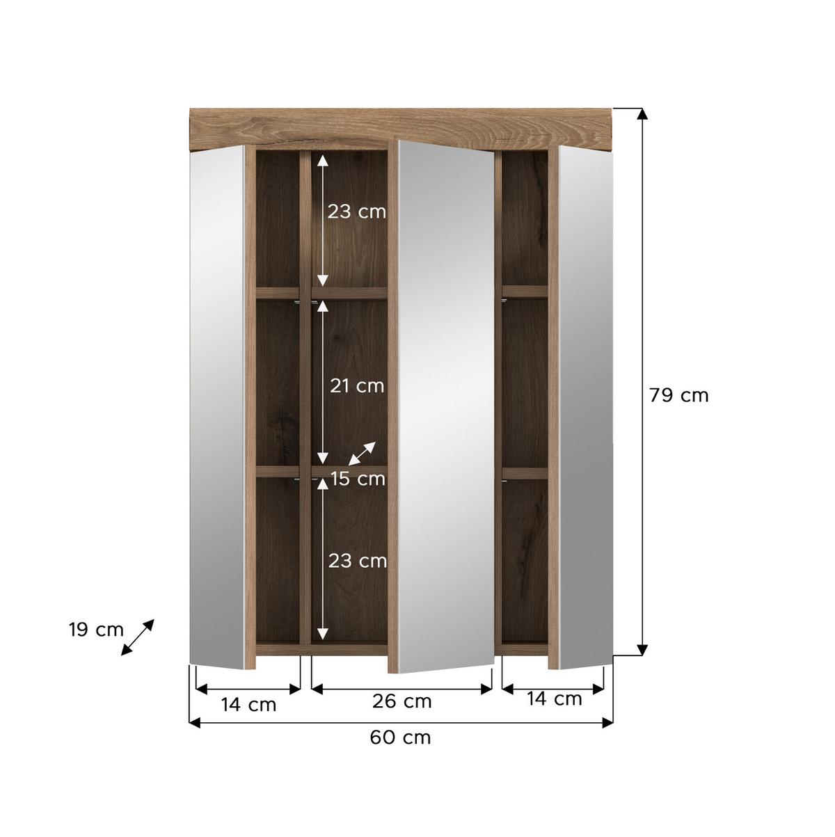 SPIEGELSCHRANK Eiche 60 cm, Badschrank 3-türig - Eichefarben, Glas/Holzwerkstoff (60/79/18cm) - Inn.Furn