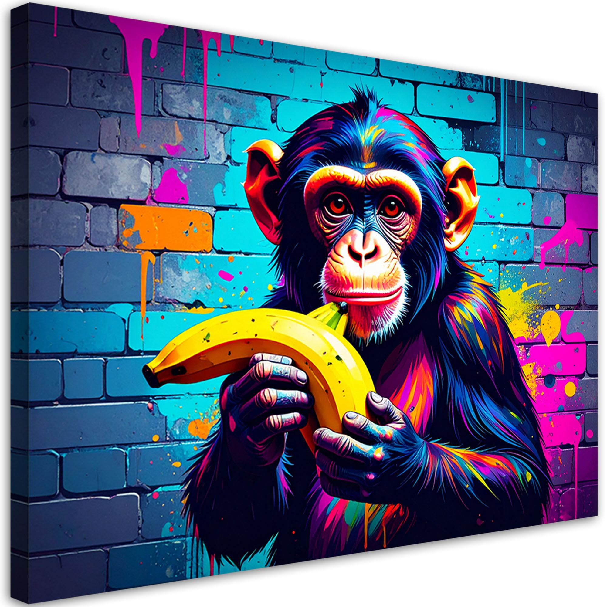 LEINWANDBILD Abstrakt Affe mit Banane Graffiti 120x80cm - Multicolor, Textil (120/80cm) - Feeby