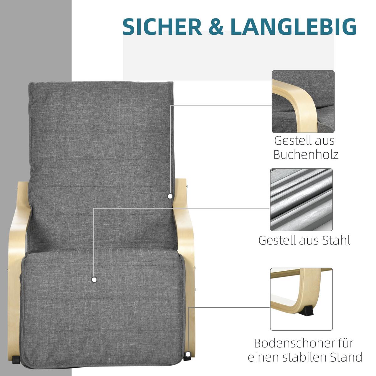 RELAXSESSEL Schwingstuhl, Ruhesessel, Relaxstuhl mit Verstellbarem Fußteil - Grau, Kunststoff (94/100/66.5cm) - HOMCOM