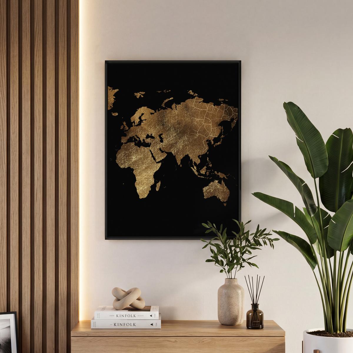 LEINWAND Bilder mit Rahmen - Weltkarte - Gold - Luxus - Erde - Schwarz - 60x80 - Goldfarben, Textil (60/80cm) - MuchoWow