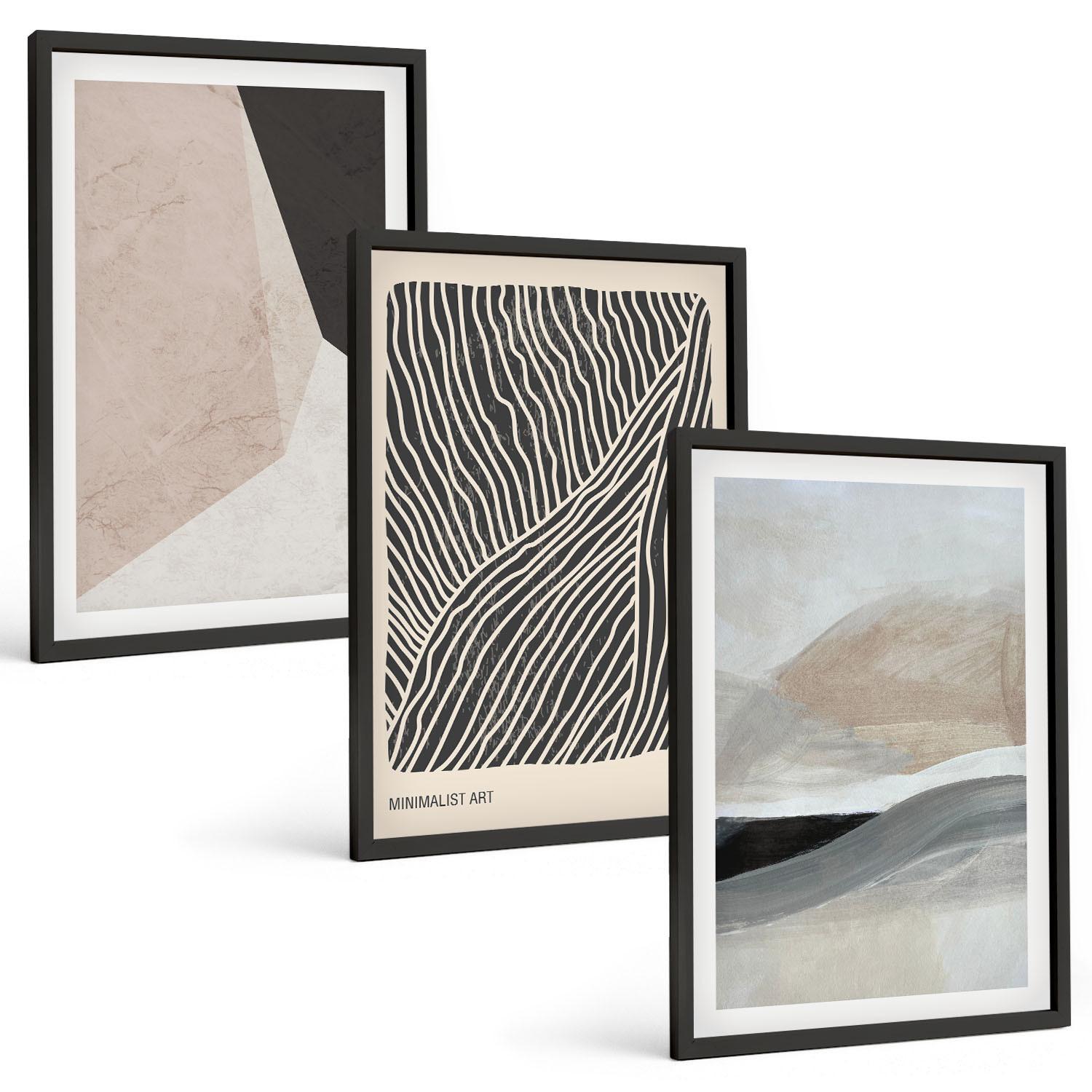 BILDER SET 3er Set - 40x60 cm Schwarzer Rahmen - Abstrakte Muster in Beige und Grau - Schwarz, Kunststoff (40/60cm) - TULUP
