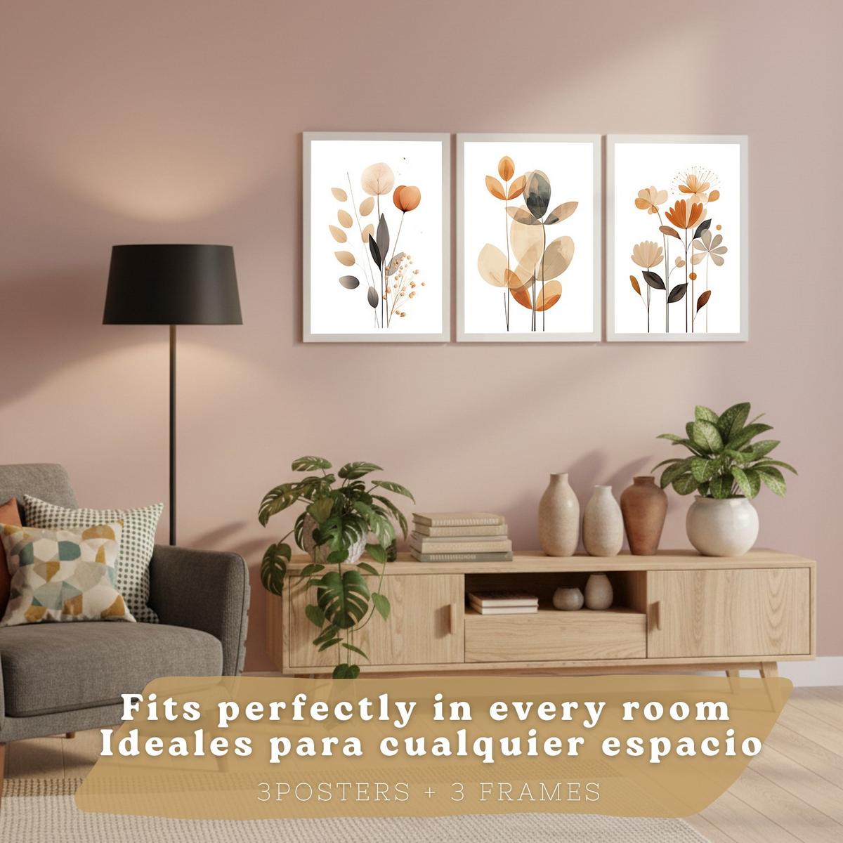 POSTER 3er-Set Wandbilder Orange Blumen modern Wohnzimmer Deko, Schlafzimmer, Küche, Badezimmer Weißer Rahmen A3 - Weiß, Papier (29.7/1/42cm) - Nacnic