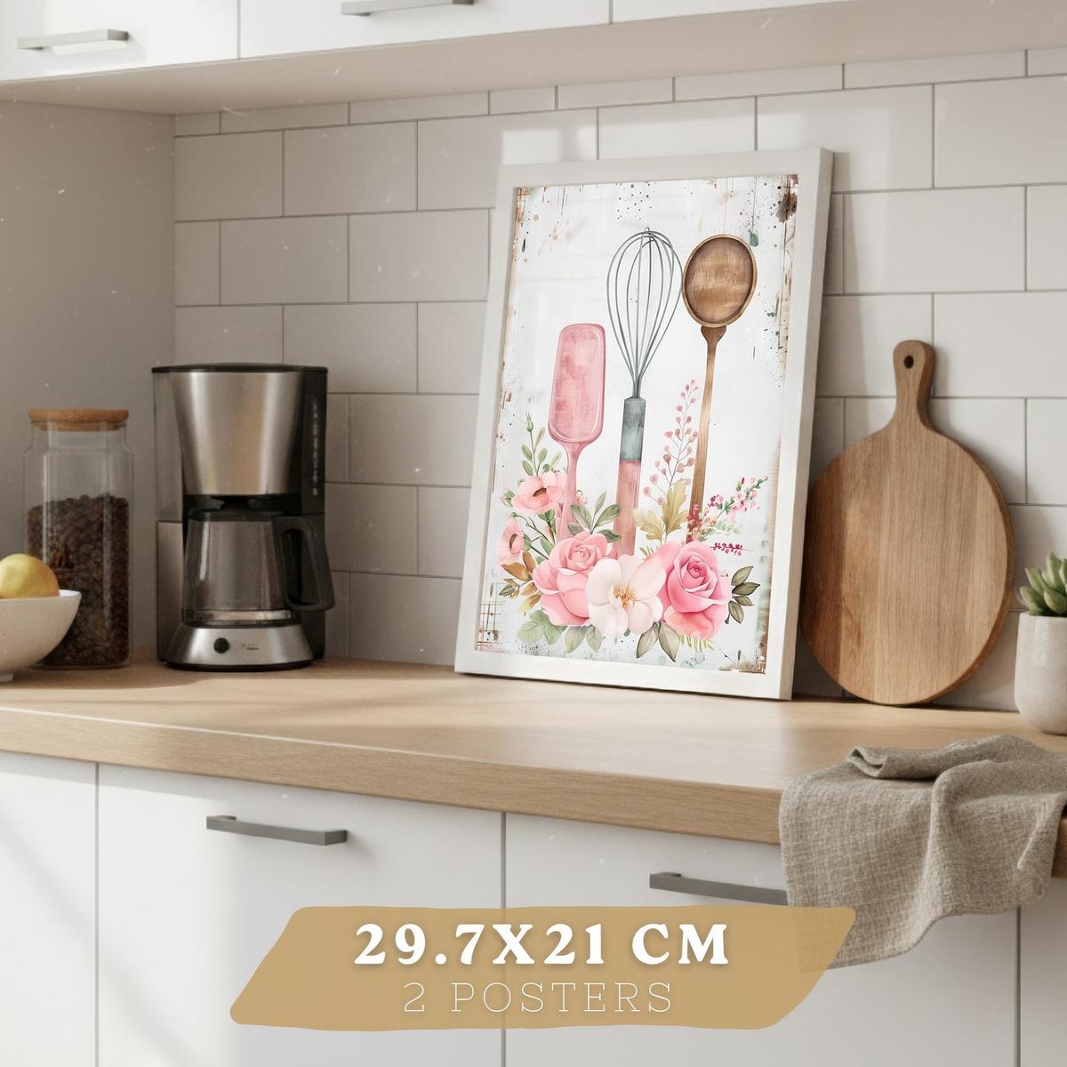 POSTER 4er Set Rosa Backkunst Wandbilder Küchenmaschine Torte Utensilien Blumen Shabby Chic Küche Deko Weißer Rahmen A4 - Weiß, Papier (29.7/1/21cm) - Nacnic