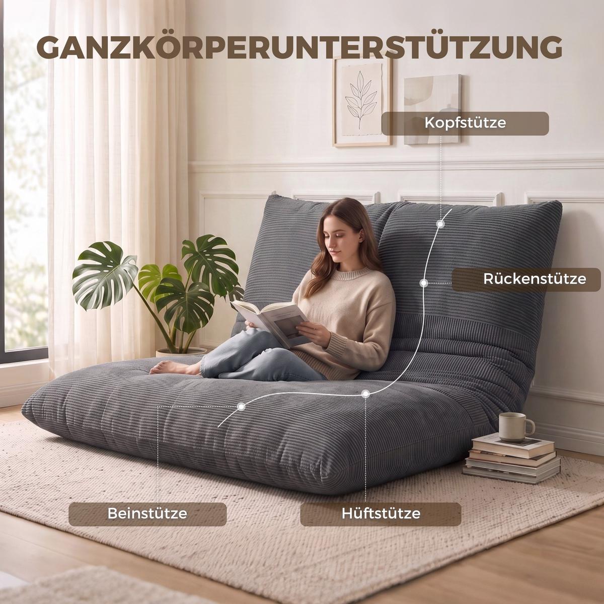 BODENSESSEL Cordstoff Schaumstoff Dunkelgrau - Dunkelgrau, Textil (98/95/145cm) - HOMCOM