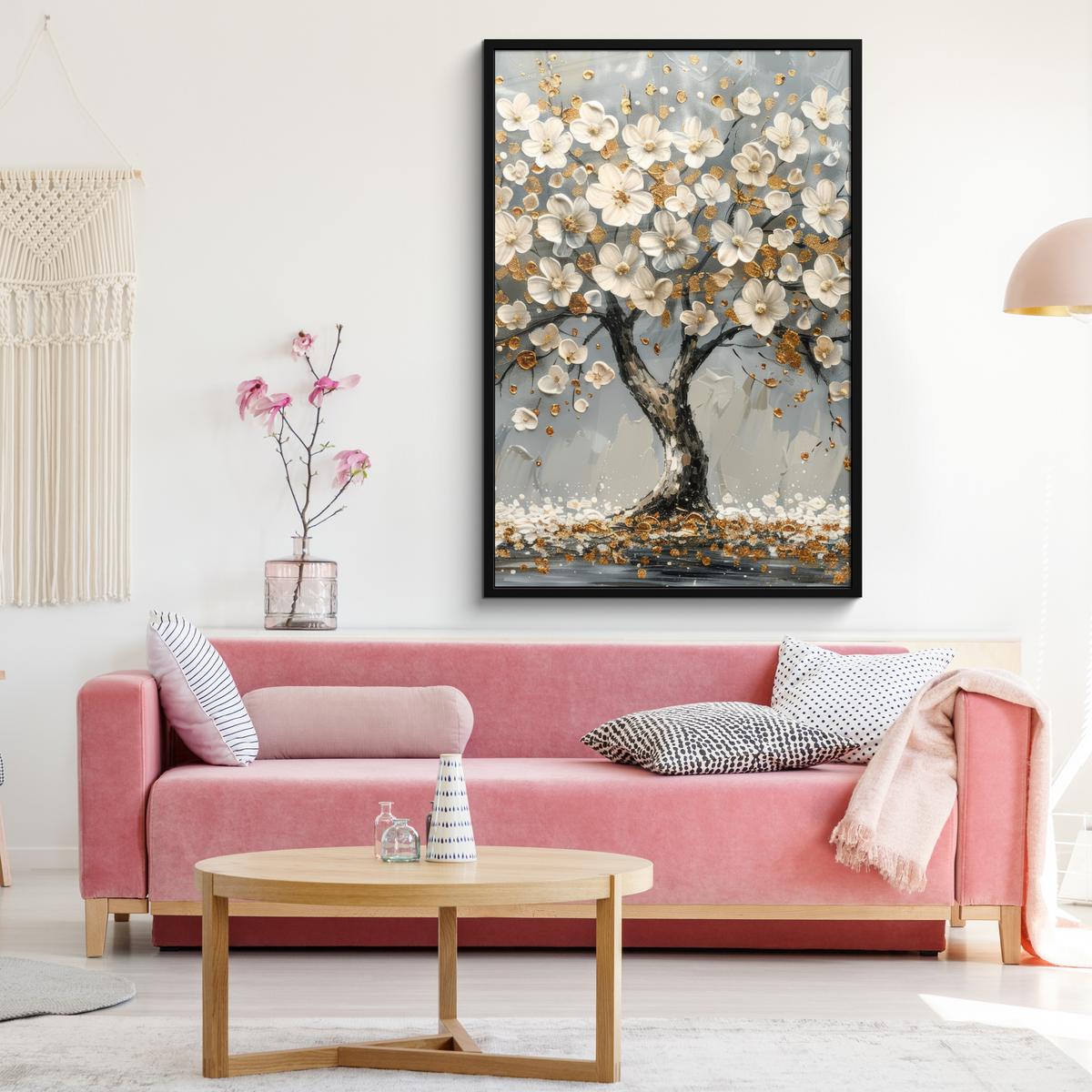 POSTER MIT RAHMEN Baum - Blumen - Weiß - Natur - Kunst Bilderleiste 80x120 cm - Weiß, Papier (80/120cm) - MuchoWow