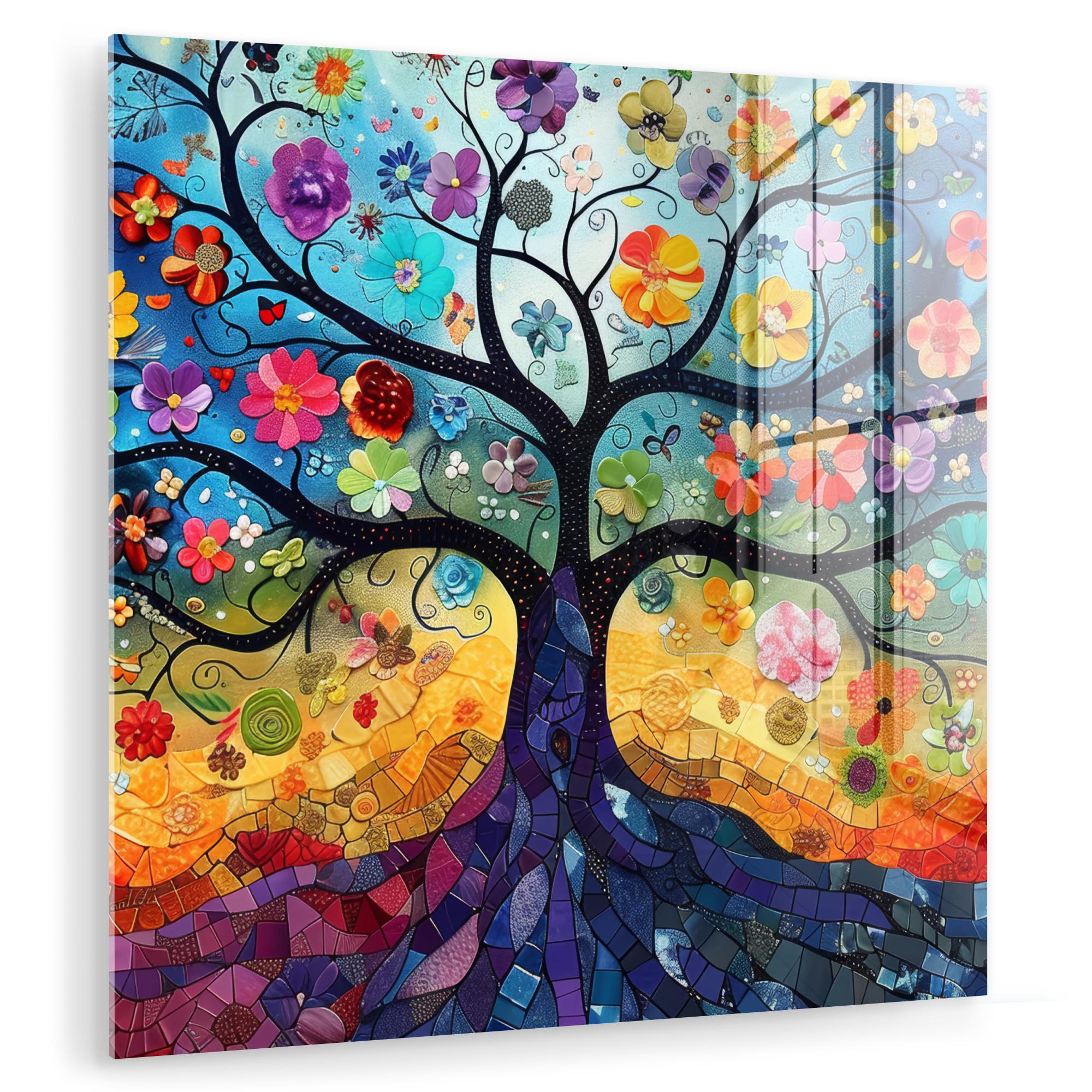 ACRYLGLASBILD Kunst - Baum des Lebens - Blumen - Hippie 90x90 cm - Dunkelblau, Glas (90/90cm) - MuchoWow