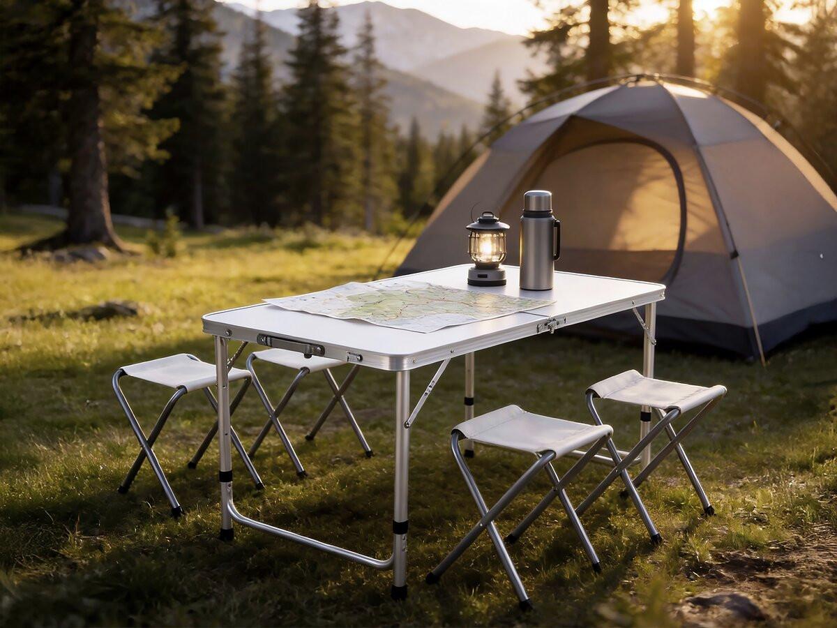 GARTEN-ESSMÖBELENSEMBLE ensembe table de camping et 4 tabourets pliants - 125 x 60 cm - blanc weiss - Weiß, Metall - Habitat Garten