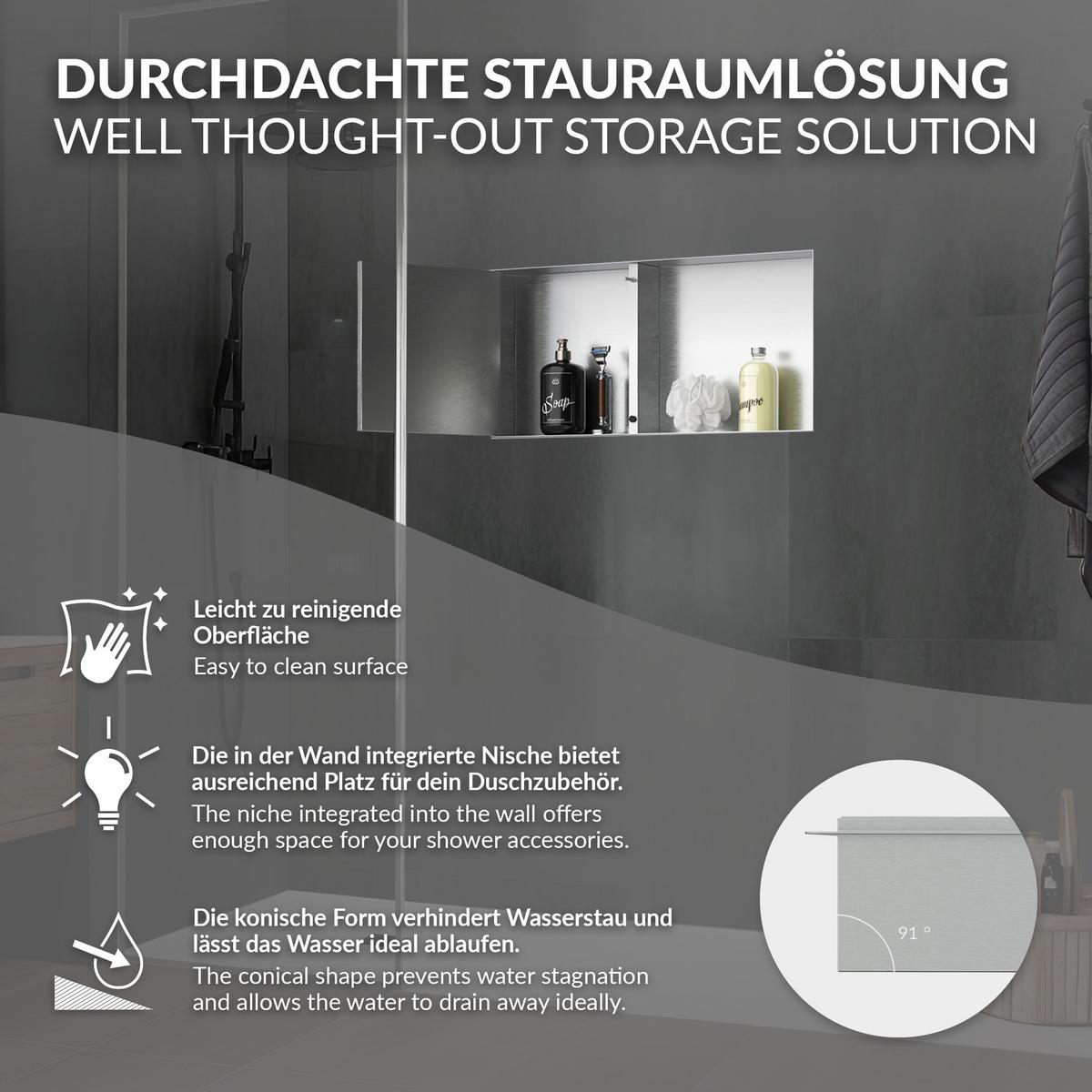 DUSCHNISCHE Edelstahl gebürstet mit befliesbarer Tür Silber 25,5/25,5 cm - Silberfarben, Metall (60/10/30cm) - LuxeBath