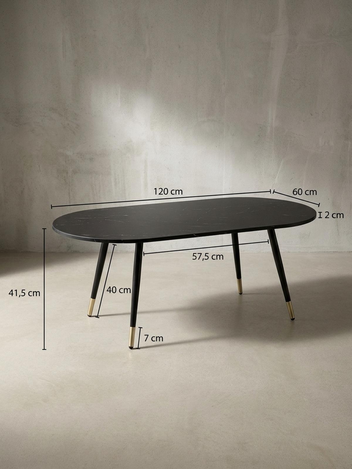 COUCHTISCH oval in Marmor-Optik – mit Metallgestell im modernen Design, Schwarz 120x60x42 cm - Goldfarben/Schwarz, Holzwerkstoff/Metall (60/120/42cm) - KADIMA DESIGN