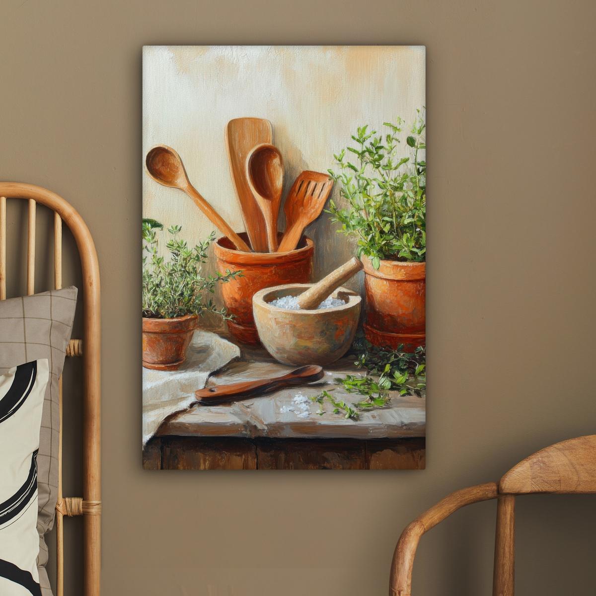 LEINWANDBILD Töpfe - Kräuter - Holz Wanddeko 40x60 cm - Terracotta, Textil (40/60cm) - MuchoWow