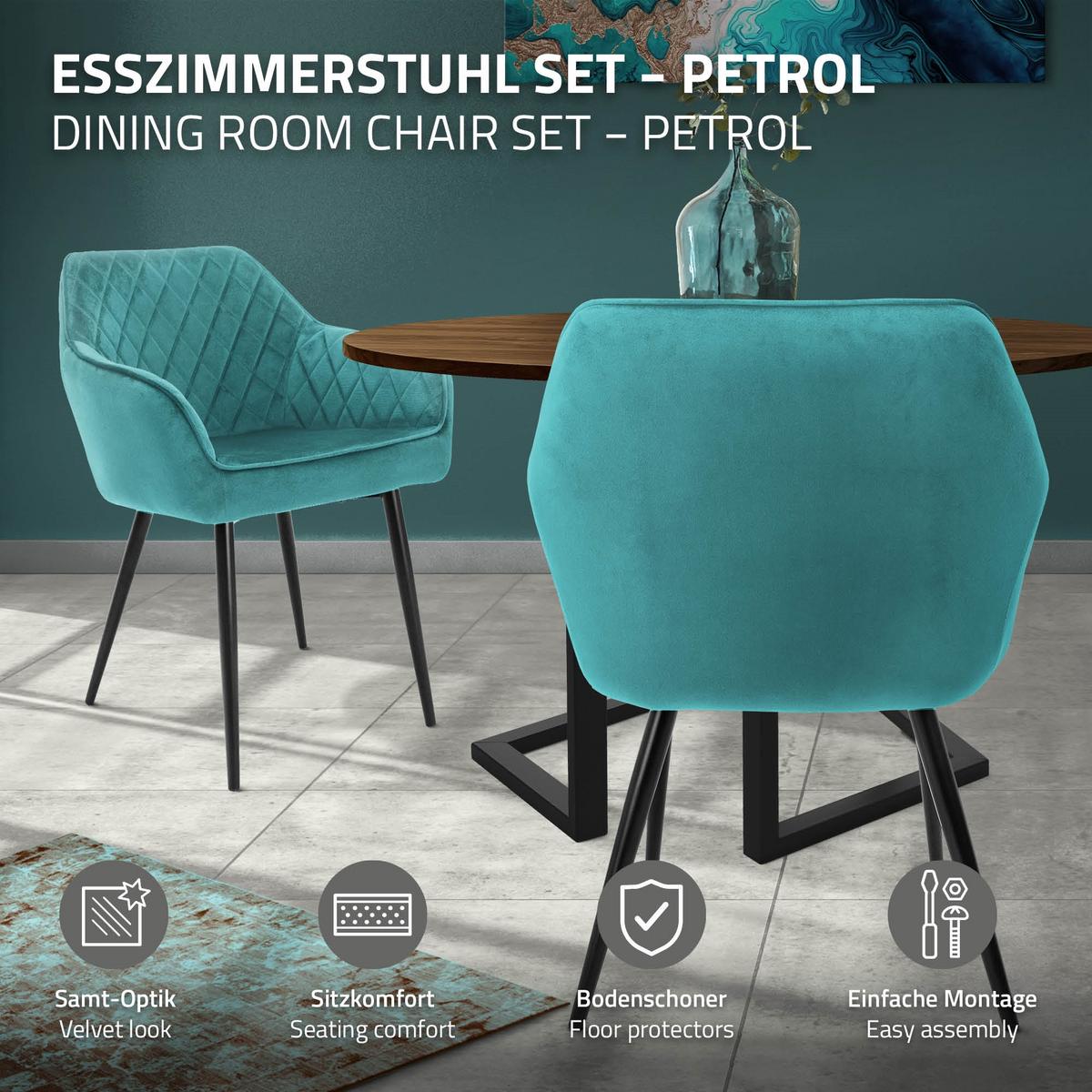 ESSZIMMERSTUHL 4er Set Petrol Samt - Türkis/Schwarz, Textil/Metall (63/80/60cm) - ML-DESIGN