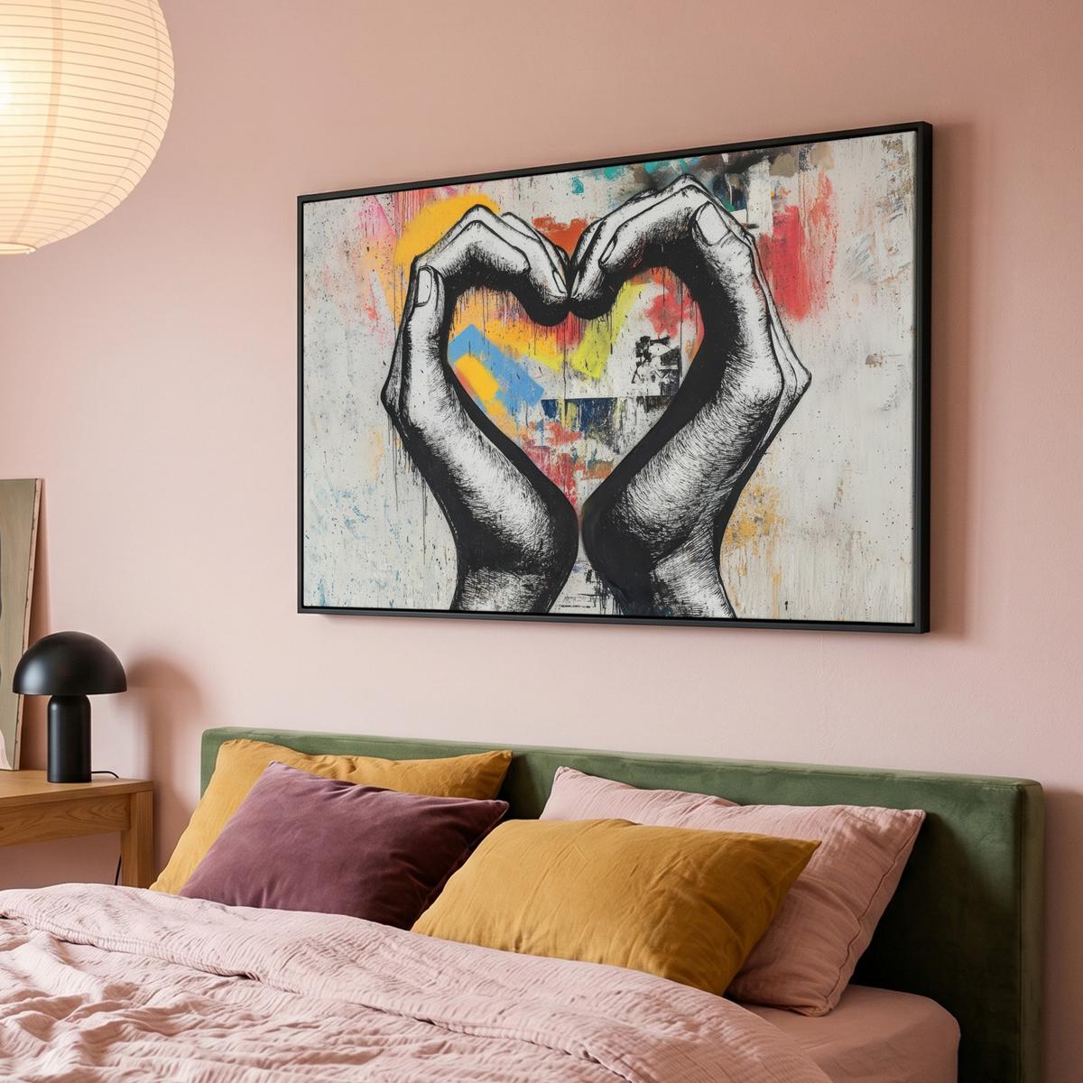 LEINWAND Bilder mit Rahmen - Hände - Herz - Straßenkunst - Graffiti - 120x80 - Multicolor, Textil (120/80cm) - MuchoWow