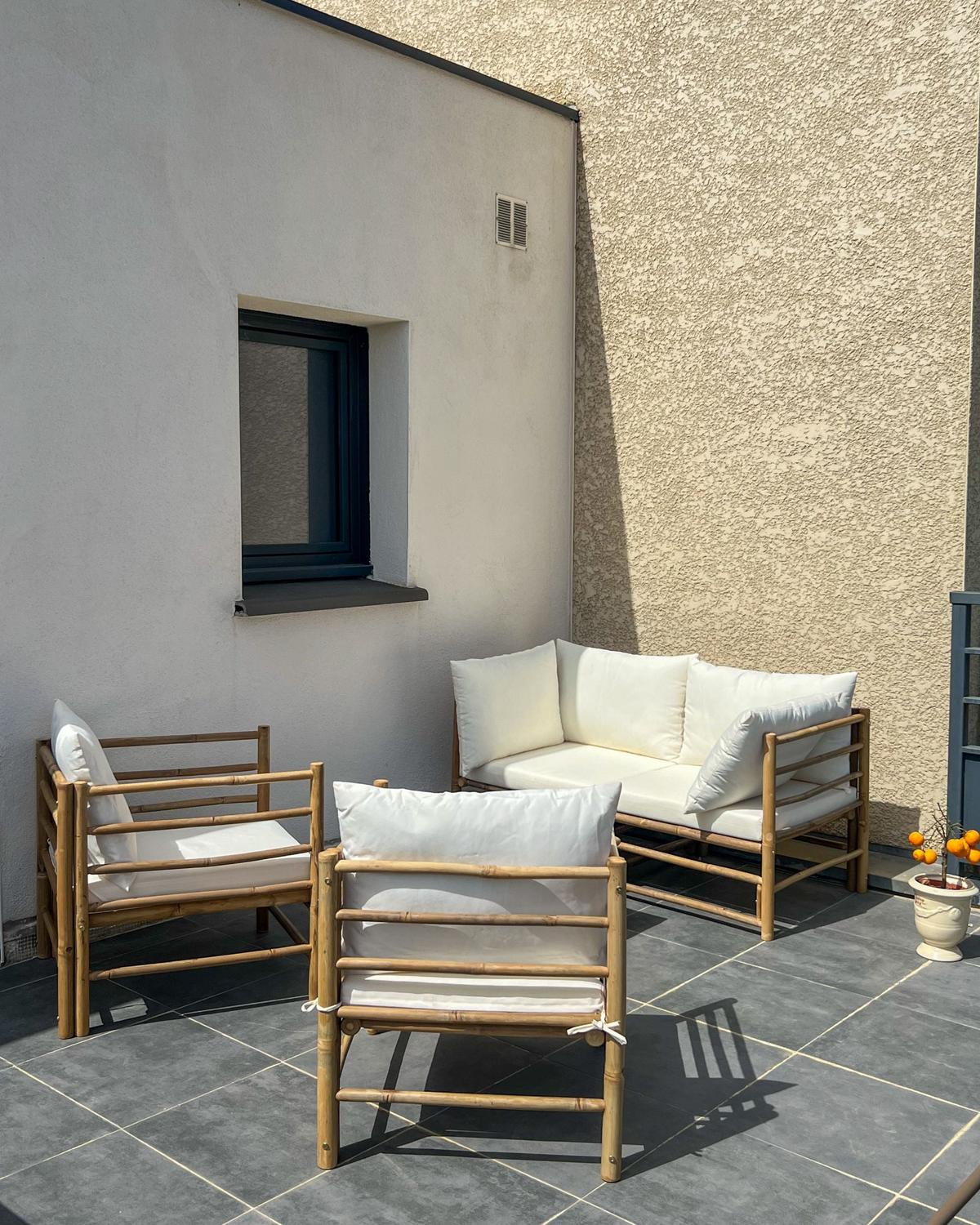 LOUNGE SET 4-Sitzer Bambusholz hellbraun 3-teilig Auflagen cremeweiß Cerreto - Creme, Holz - Beliani