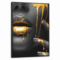 LEINWAND Bilder mit Rahmen - Frau - Schwarz - Gold - Gesicht - Lippen - 60x80 - Goldfarben, Textil (60/80cm) - MuchoWow