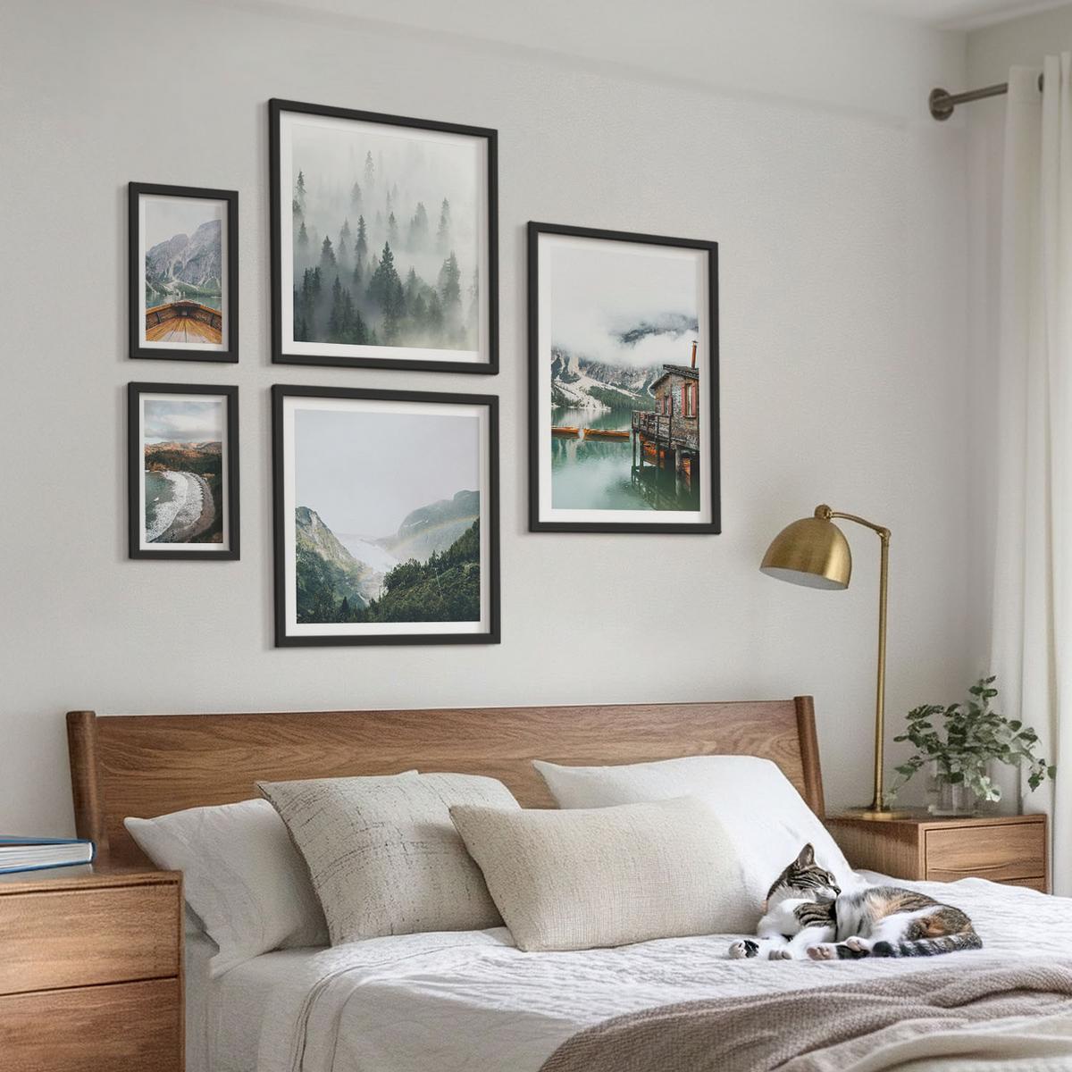 BILDER SET 5er Set - 50x50 cm & 20x30 cm & 40x60 cm Schwarzer Rahmen - Berge, See, Boot, Nebel, Strand - Schwarz, Kunststoff (40/60cm) - TULUP