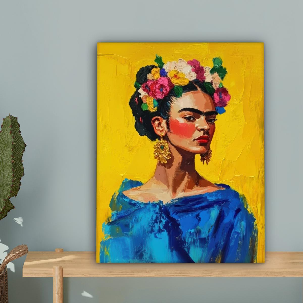 LEINWANDBILD Frida Kahlo - Frau - Gelb - Blau - Blumen Room Decor 30x40 cm - Gelb, Textil (30/40cm) - MuchoWow