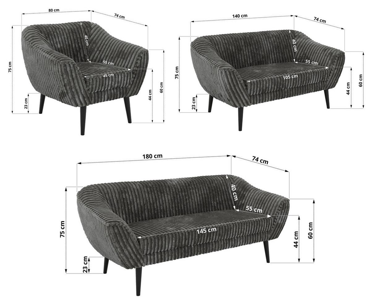 SITZGARNITUR PIRS 3+2+1 - Grau Cord - Schwarze Beine - Schwarz/Grau, Holzwerkstoff/Textil (180/75/74cm) - MKS