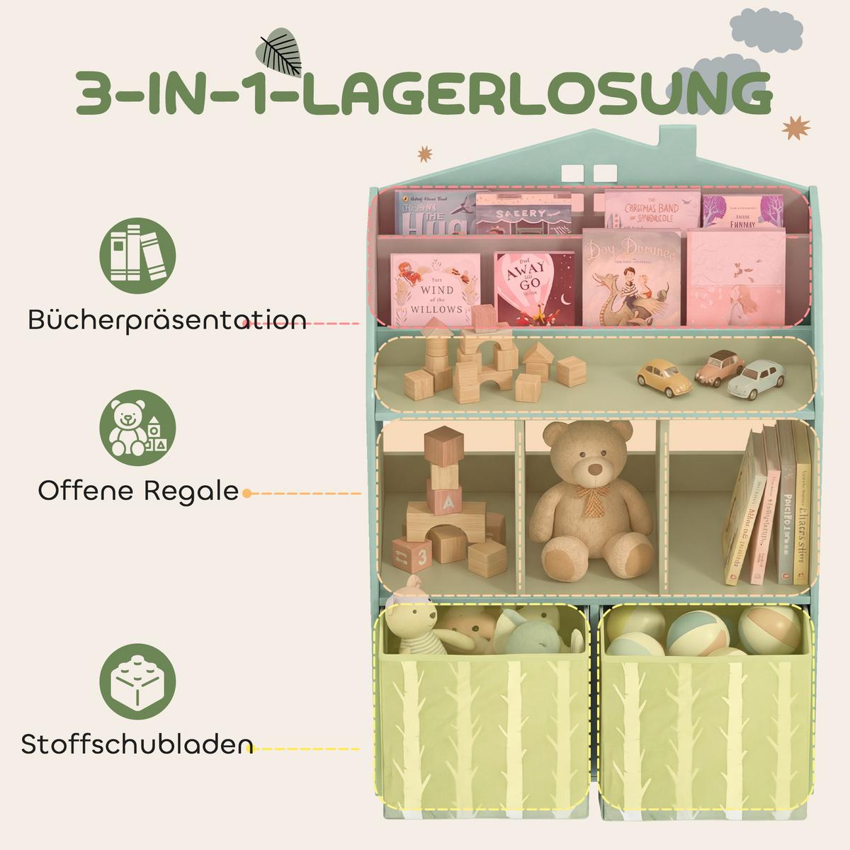 KINDER-BÜCHERREGAL MDF Vliesstoff Grün - Grün, Holzwerkstoff (30/91.5/62.5cm) - AIYAPLAY