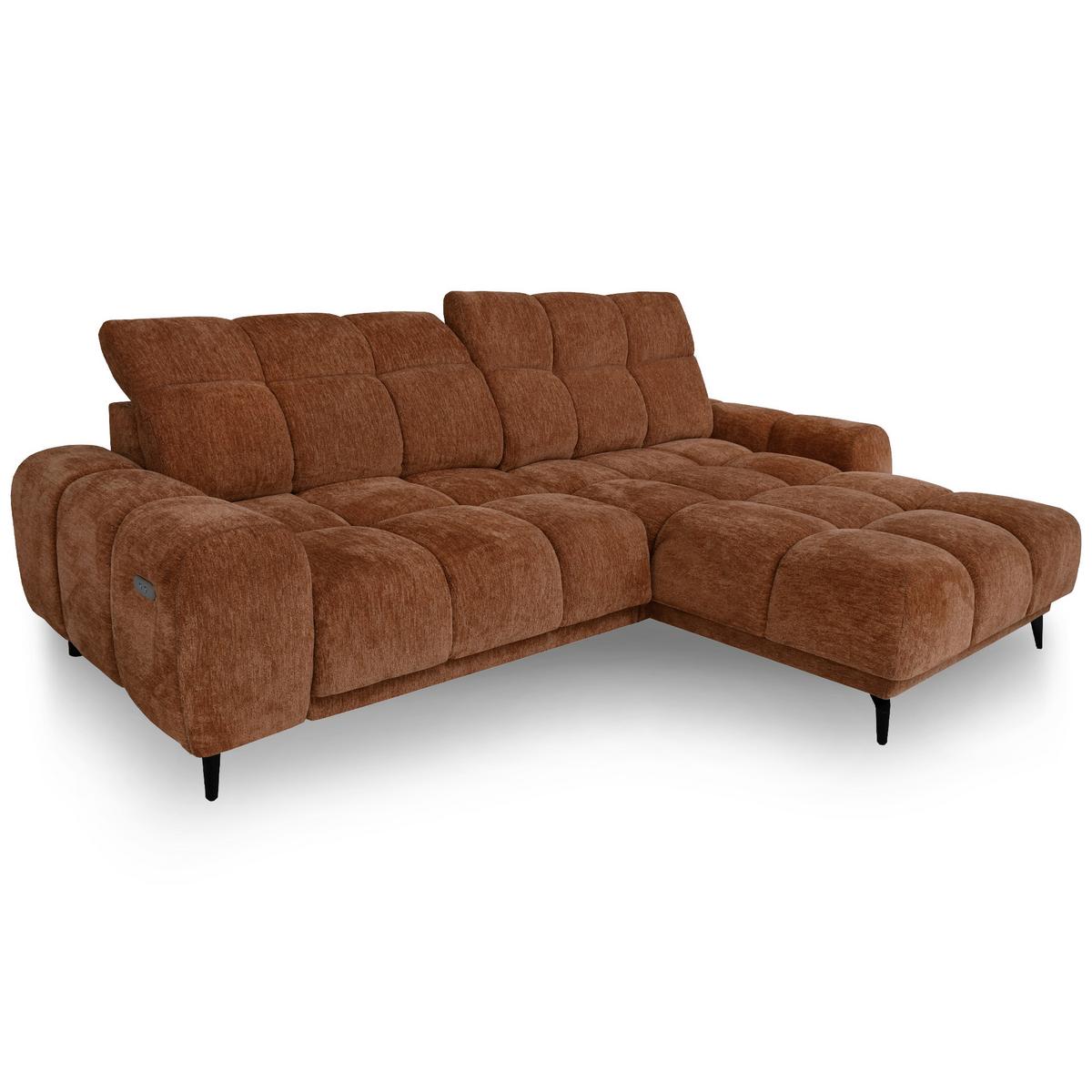 ECKSOFA Marco Mini mit elektrisch ausfahrbarem Sitz und verstellbaren Kopfstützen, Rechts, Chenille-Stoff, Dunkelorange - Dunkelorange/Schwarz, Textil (275/182cm) - Beautysofa